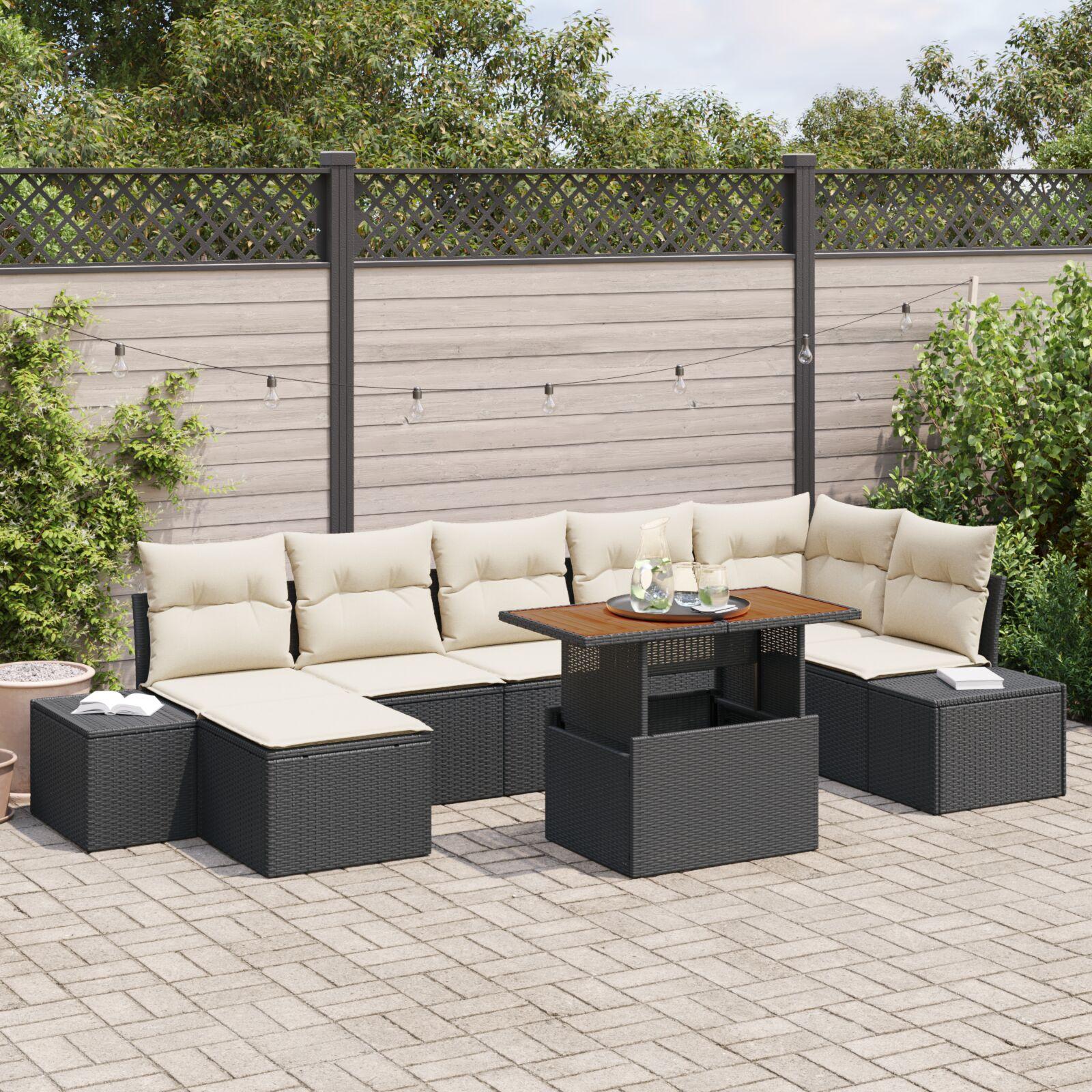 Havesofa SÃ¦t 8 stk Sort og Cream Poly rattan og solid akacietrÃ¦