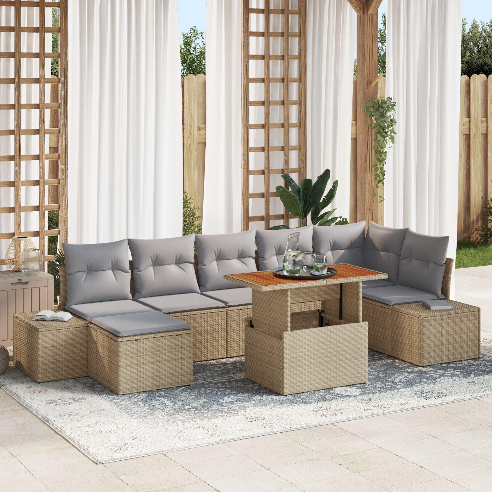 Havesofa SÃ¦t 8 stk Beige og grÃ¥ Poly rattan og solid akacietrÃ¦