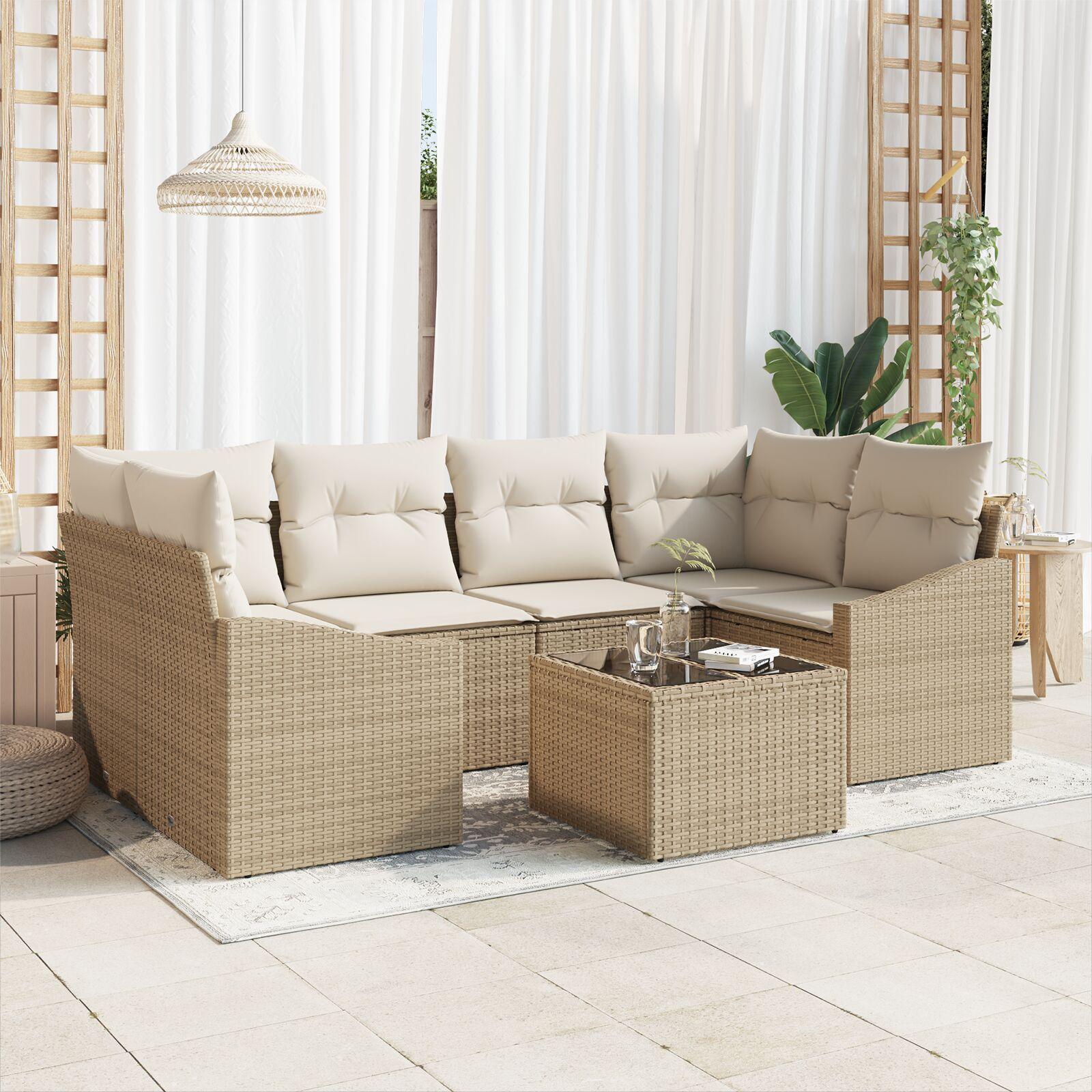 Havesofa Sæt 7 Stk Beige Og Creme Polyrattan Og Stål Og Glas