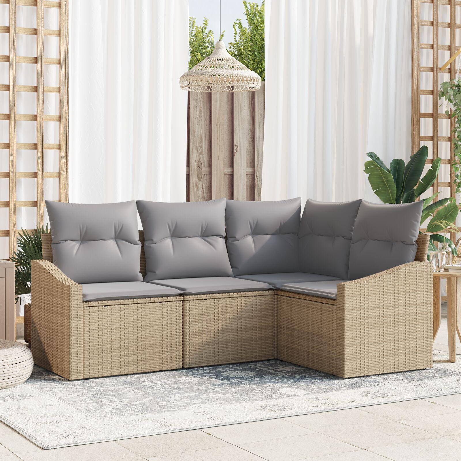 Havesofa Sæt med pude 4 pcs Beige og lys grå polyrattan