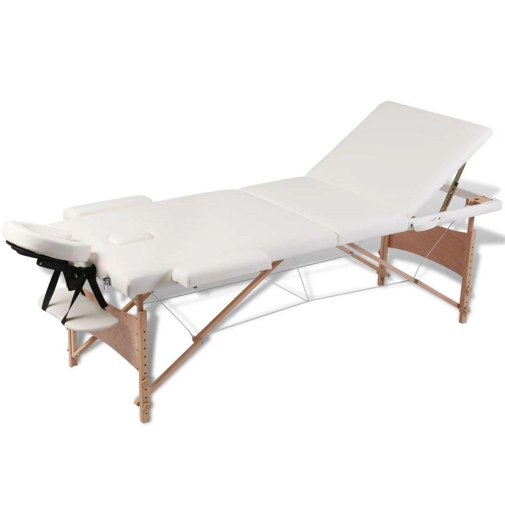 Sammenfoldeligt massagebord med træstel 3 zoner cremefarvet