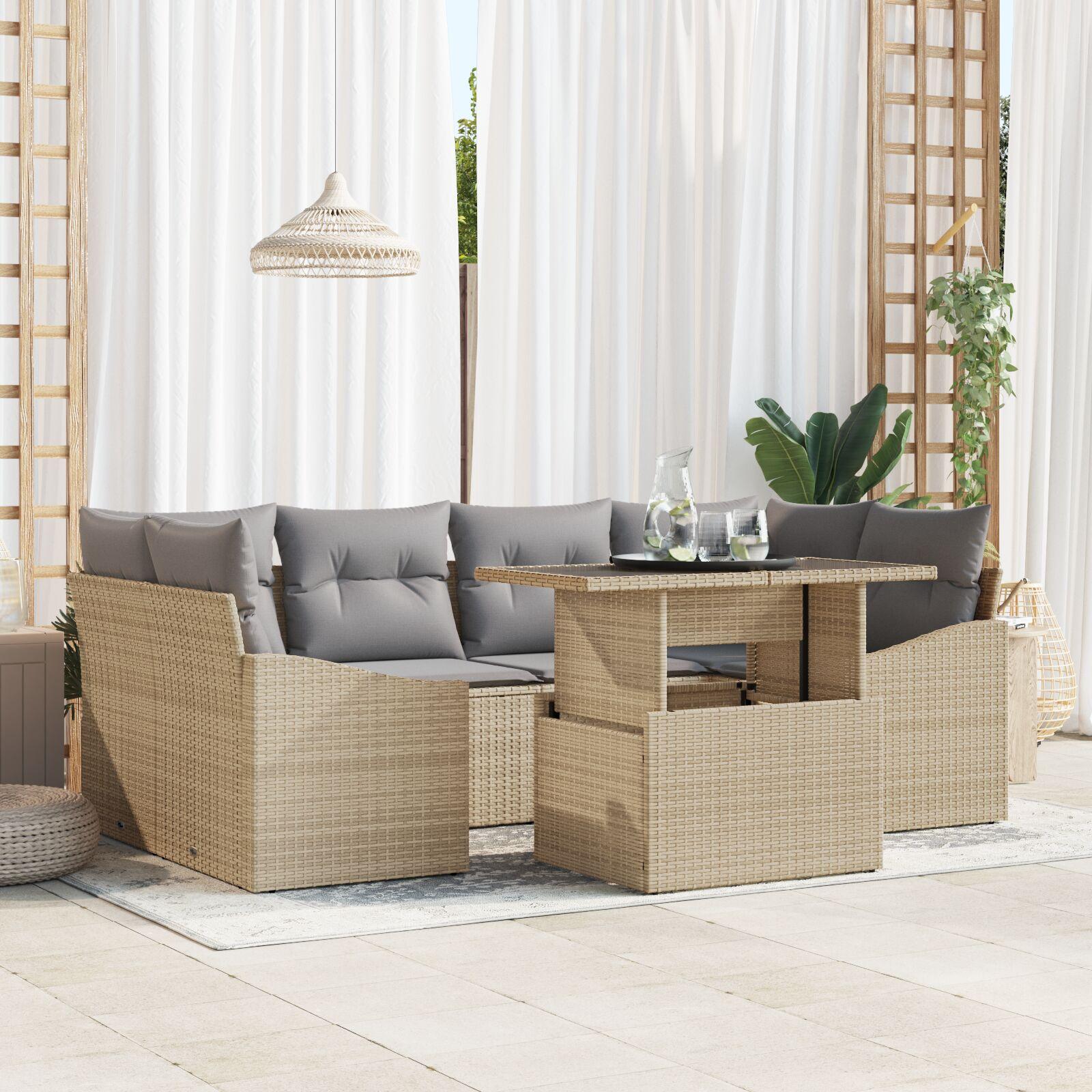 Havesofa Sæt med opbevaring 7 stk Beige Poly rattan