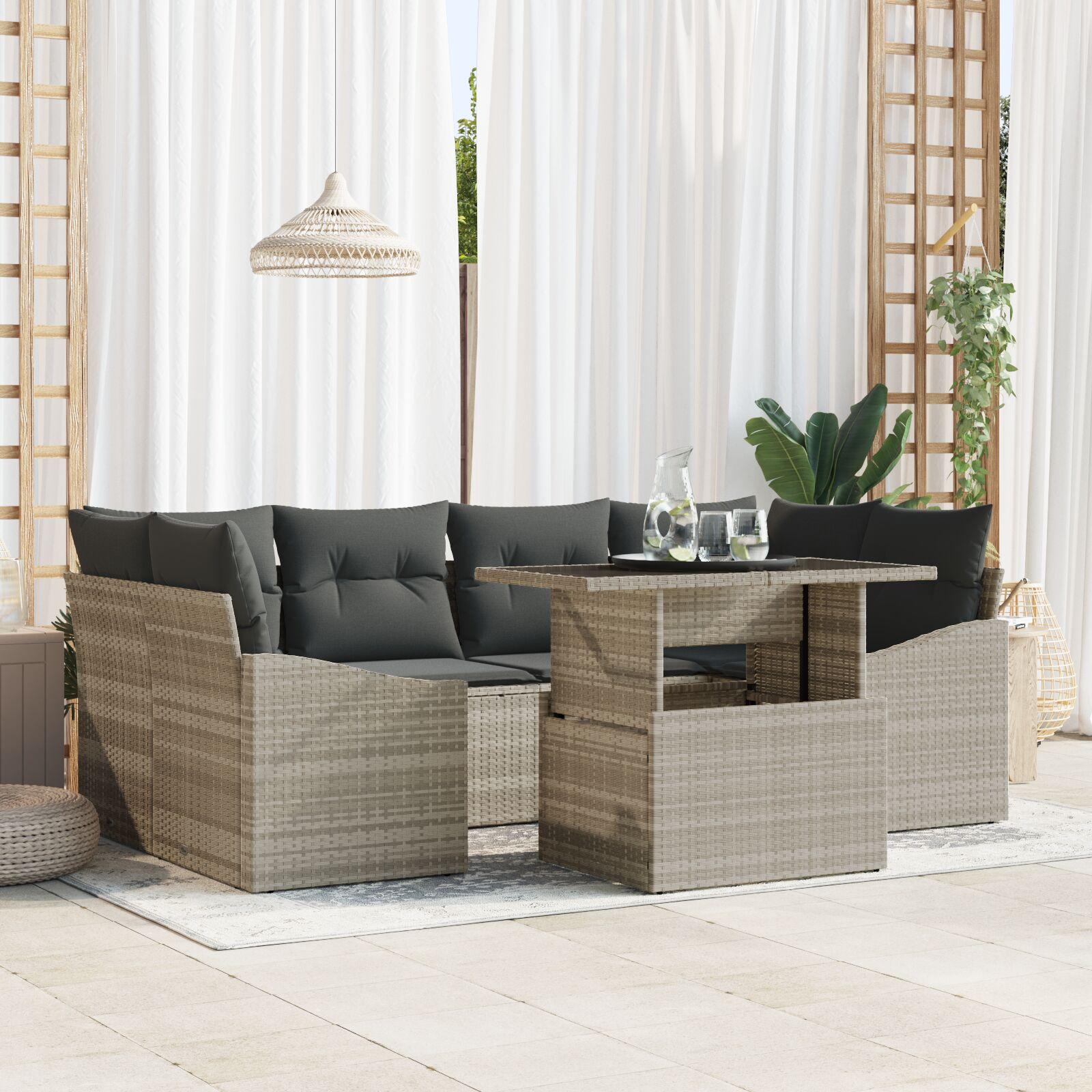 Havesofa Sæt med opbevaring 7 stk Lysegrå Poly rattan