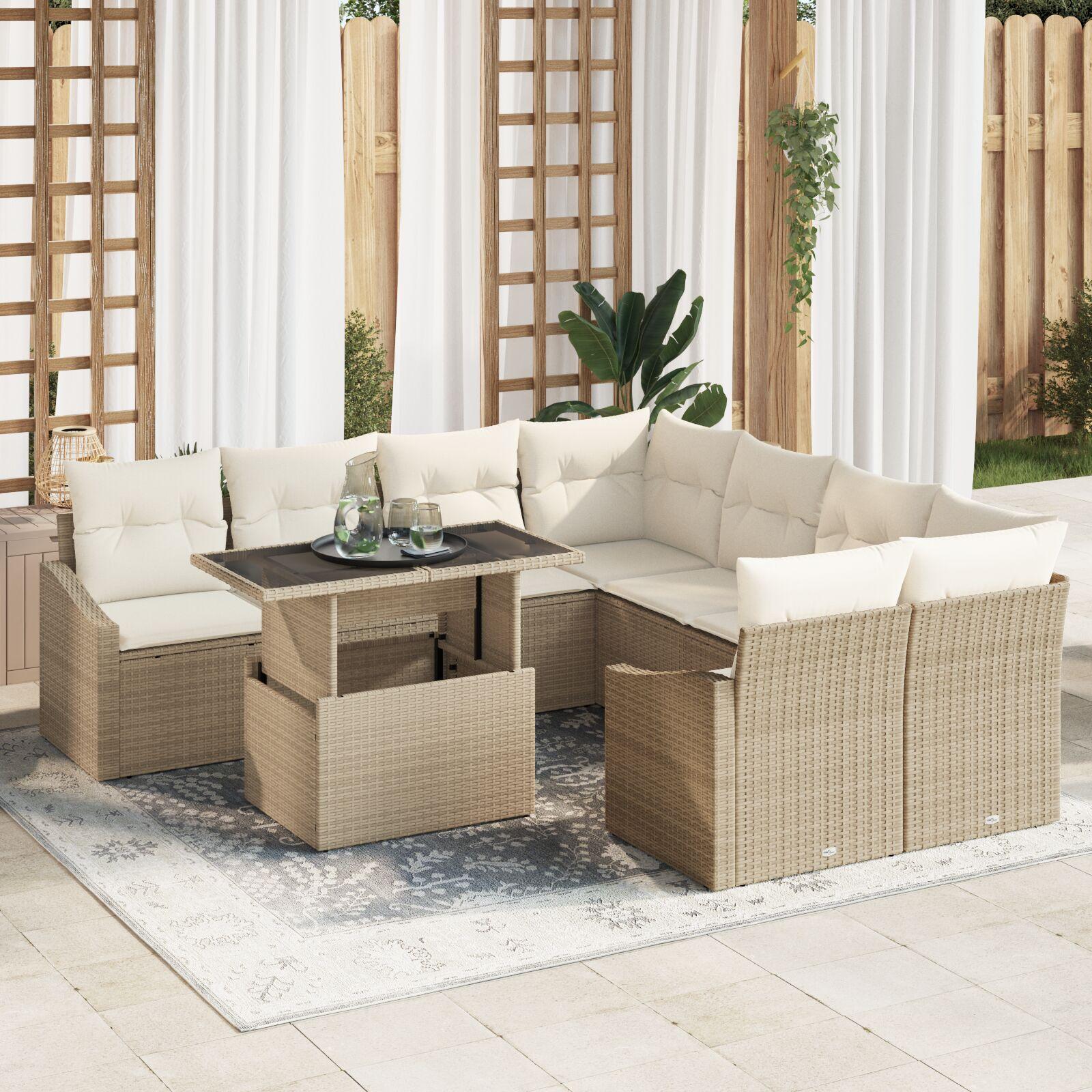 Havesofa Sæt med opbevaring 9 stk Beige Poly rattan