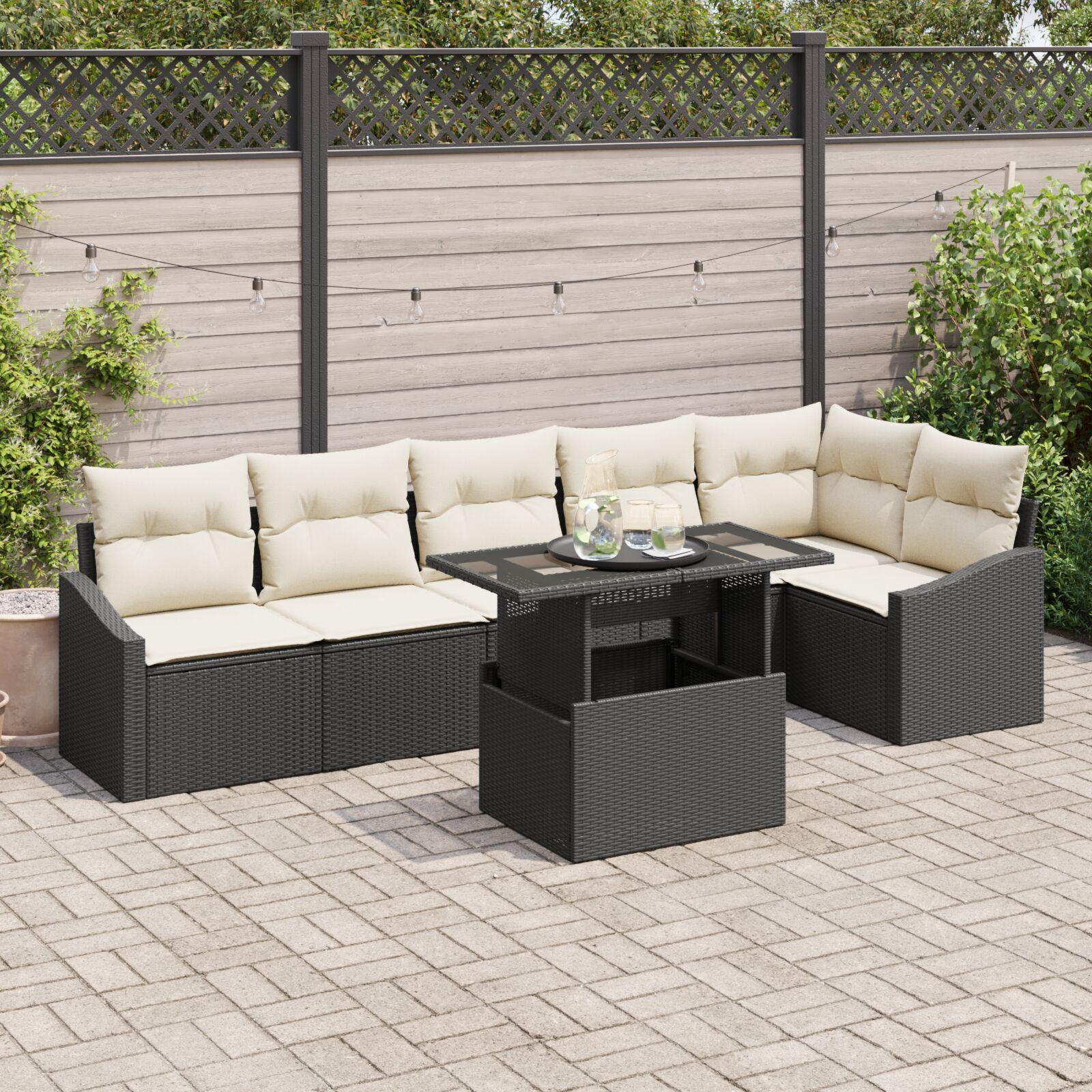 Havesofa SÃ¦t med pude 7 stk Sort og Cream 100 x 55 x 73 cm