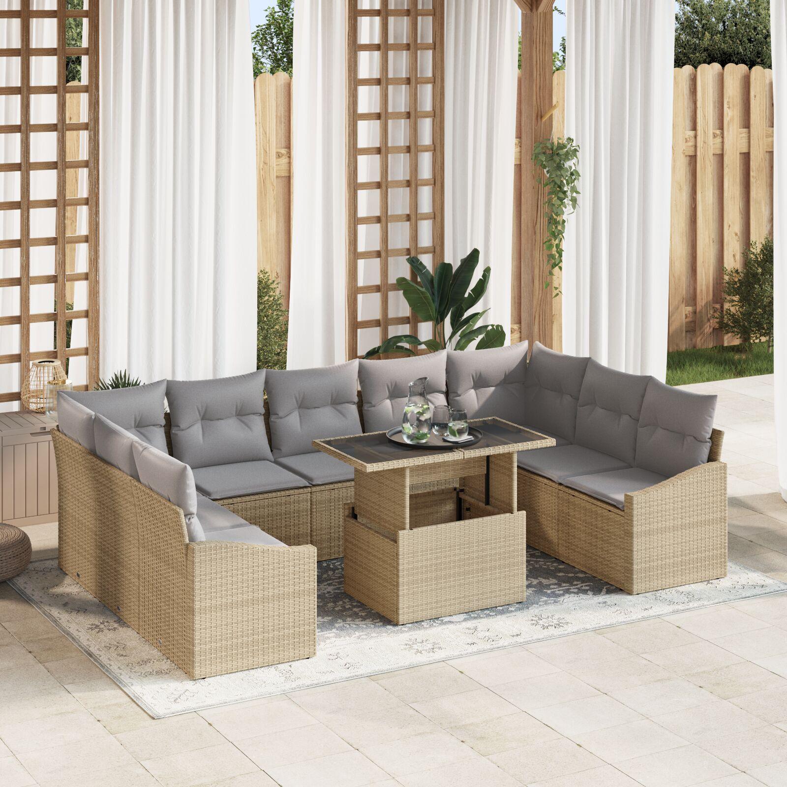 Havesofa SÃ¦t med pude 10 stk Beige og lys grÃ¥ 100 x 55 x 73 cm