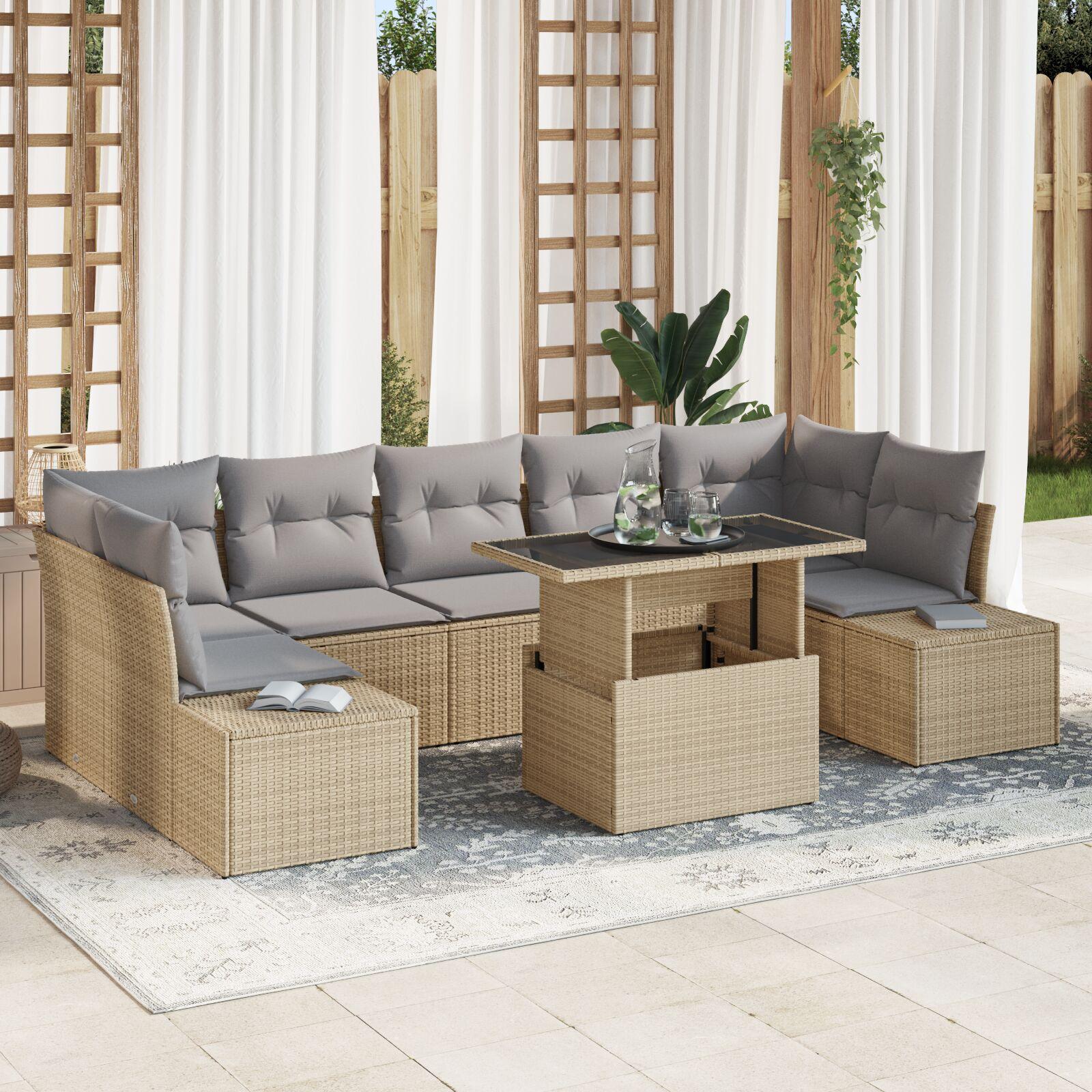 Havesofa SÃ¦t med pude 8 stk Beige og lys grÃ¥ 100 x 55 x 73 cm