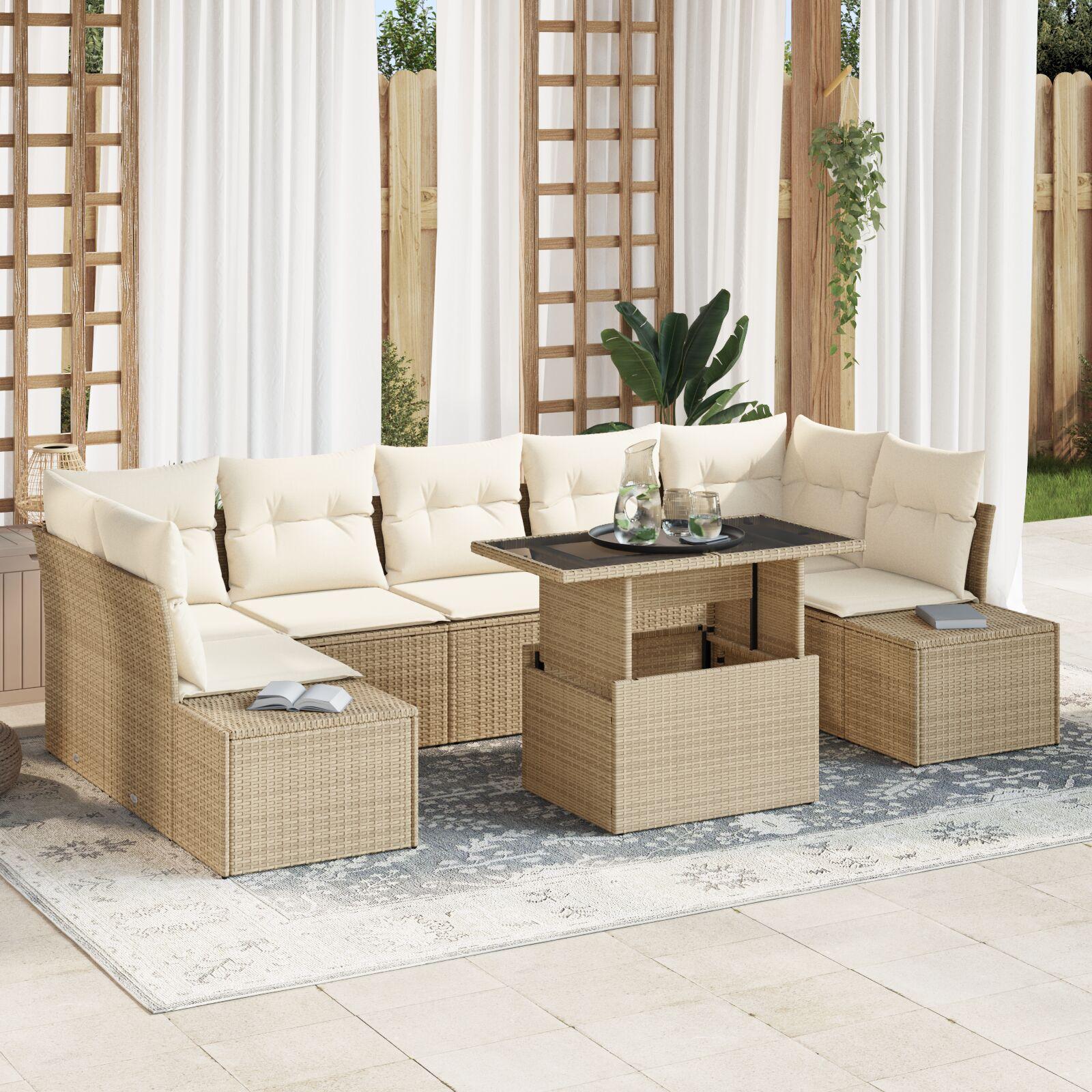 Have sofa sæt Sæt af 8 Beige Poly Rattan 8-del luksus sofa sæt