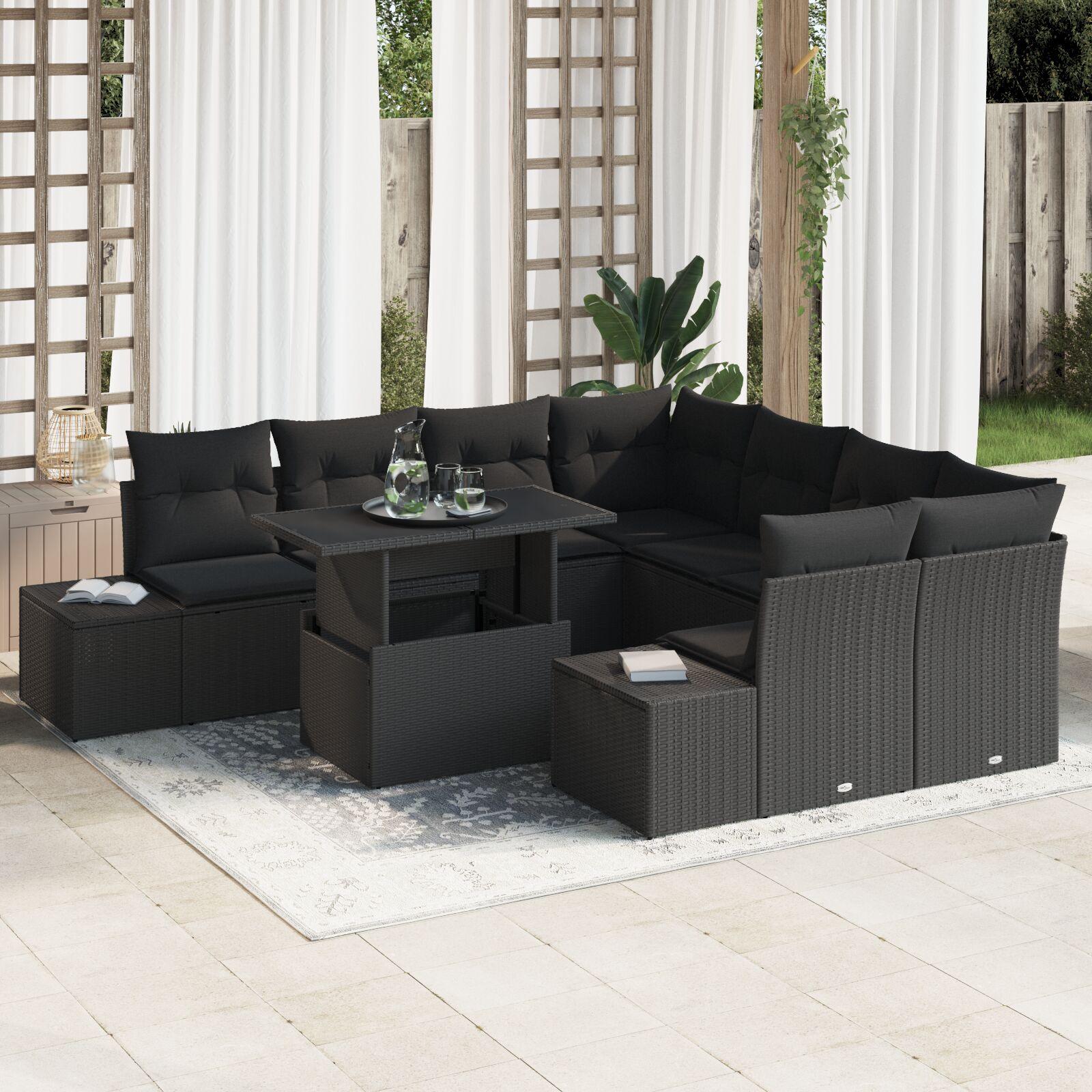 Havesofa SÃ¦t med pude med pude 9 stk Sort 100 x 55 x 73 cm