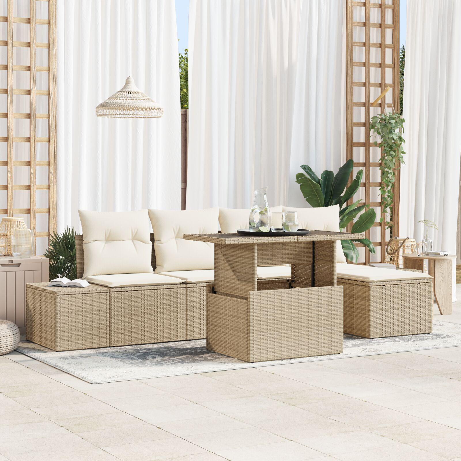 Havesofa Sæt Med Opbevaring 6 Dele Poly Rattan - Beige og hvid
