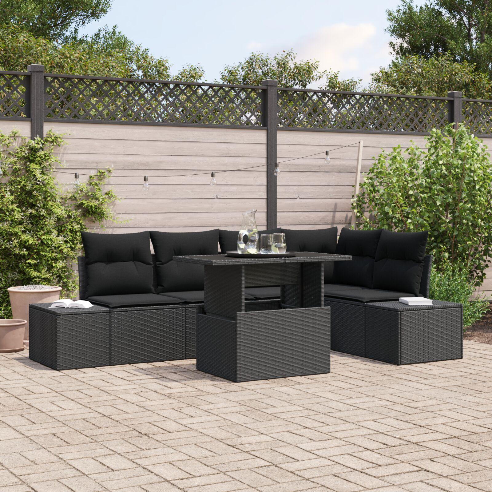 Havesofa-sæt med opbevaring - 6 dele, sort polyrattan