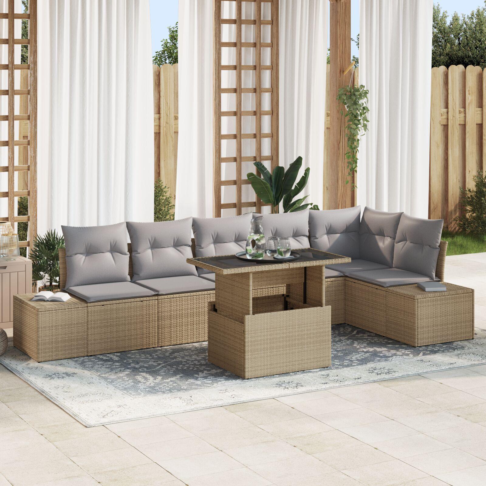 Havesofa Sæt Med Pude Med Opbevaring 7 Dele Polyrattan - beige og lysegrå