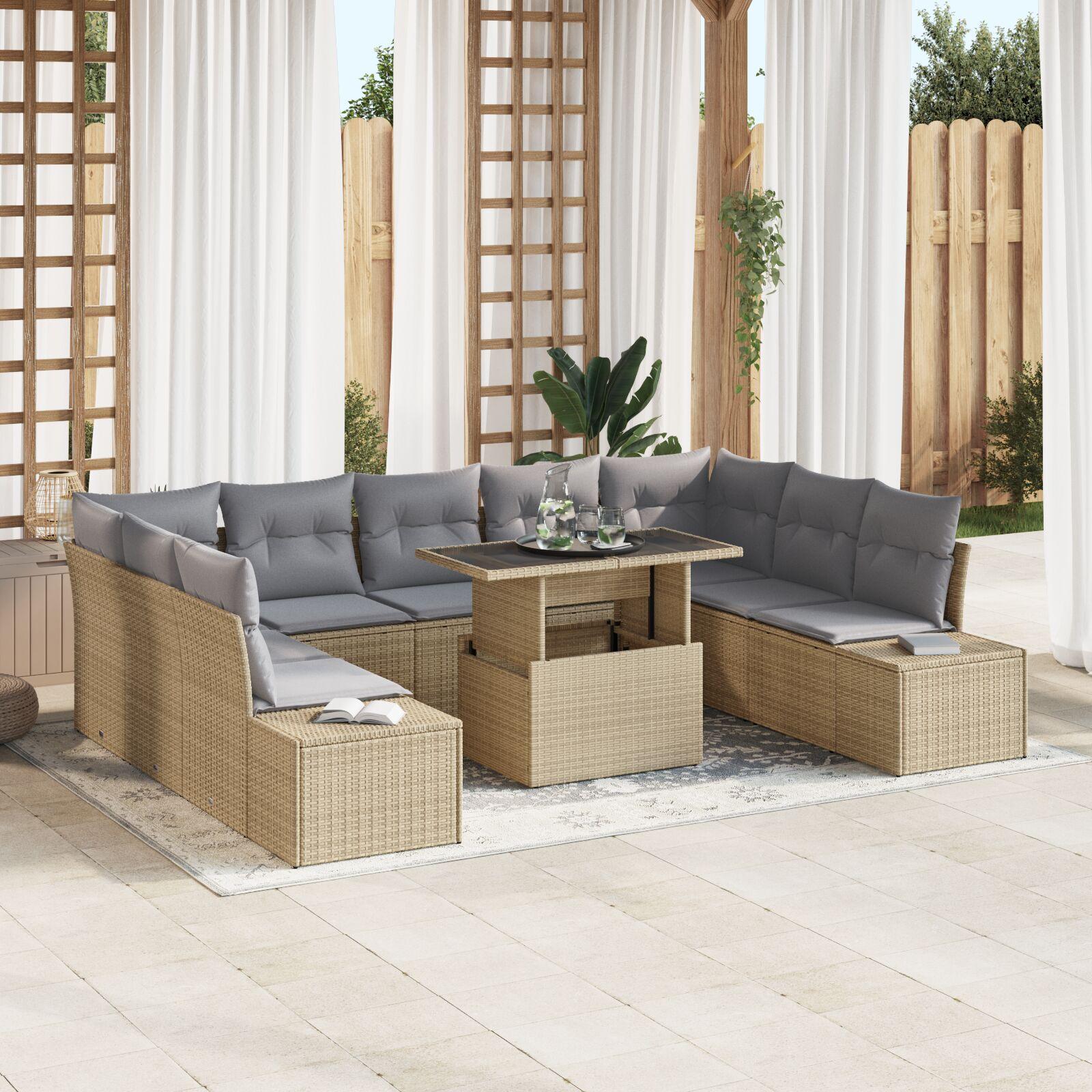 Havesofa Sæt med opbevaring 10 stk Beige Poly rattan
