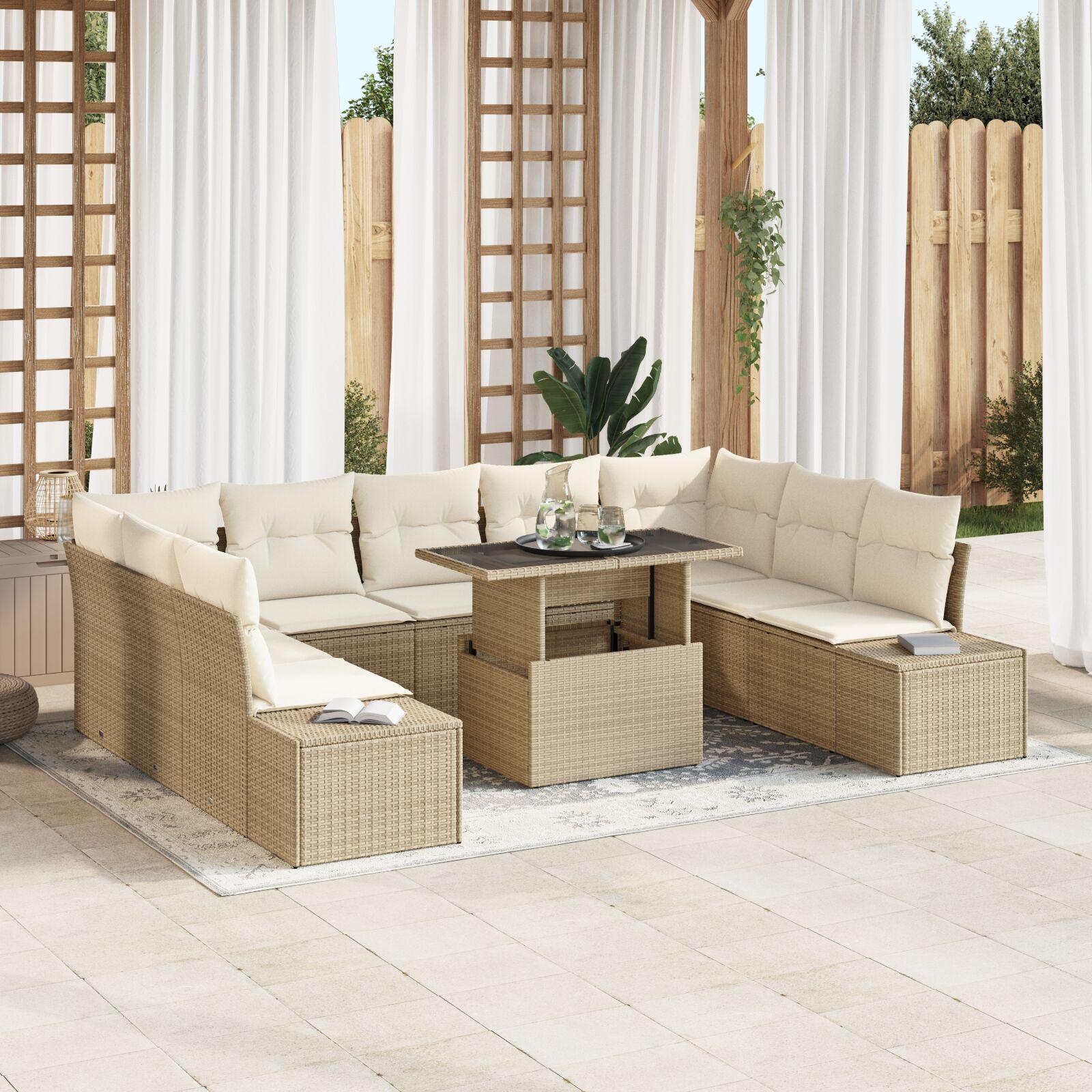 Havesofa Sæt med opbevaring 10 stk Beige Poly rattan