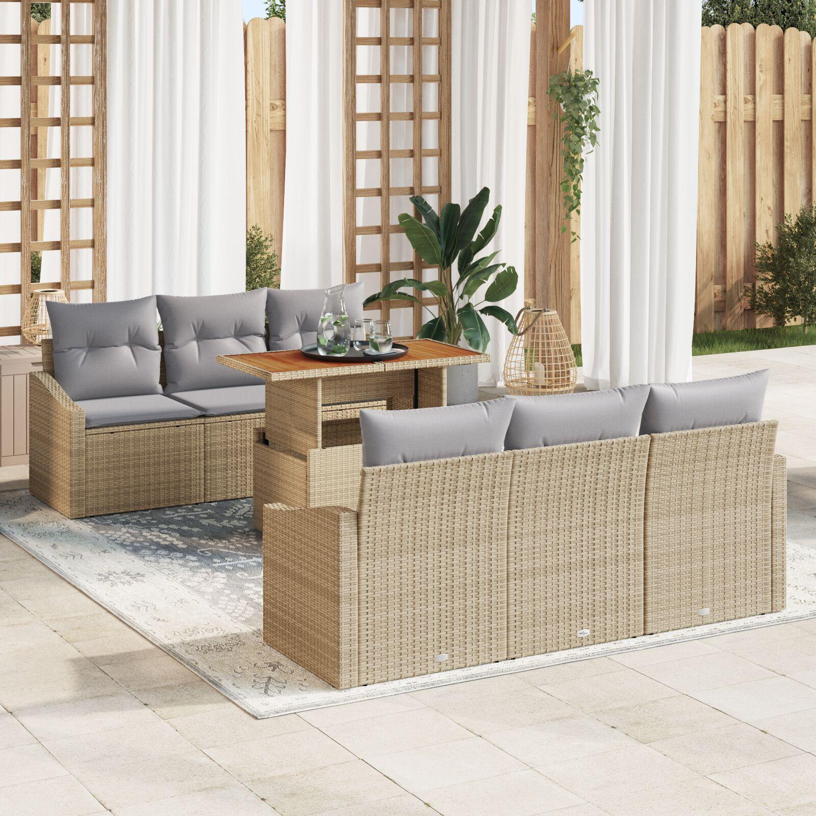 Havesofa sæt med opbevaring - 7 dele i beige poly rattan