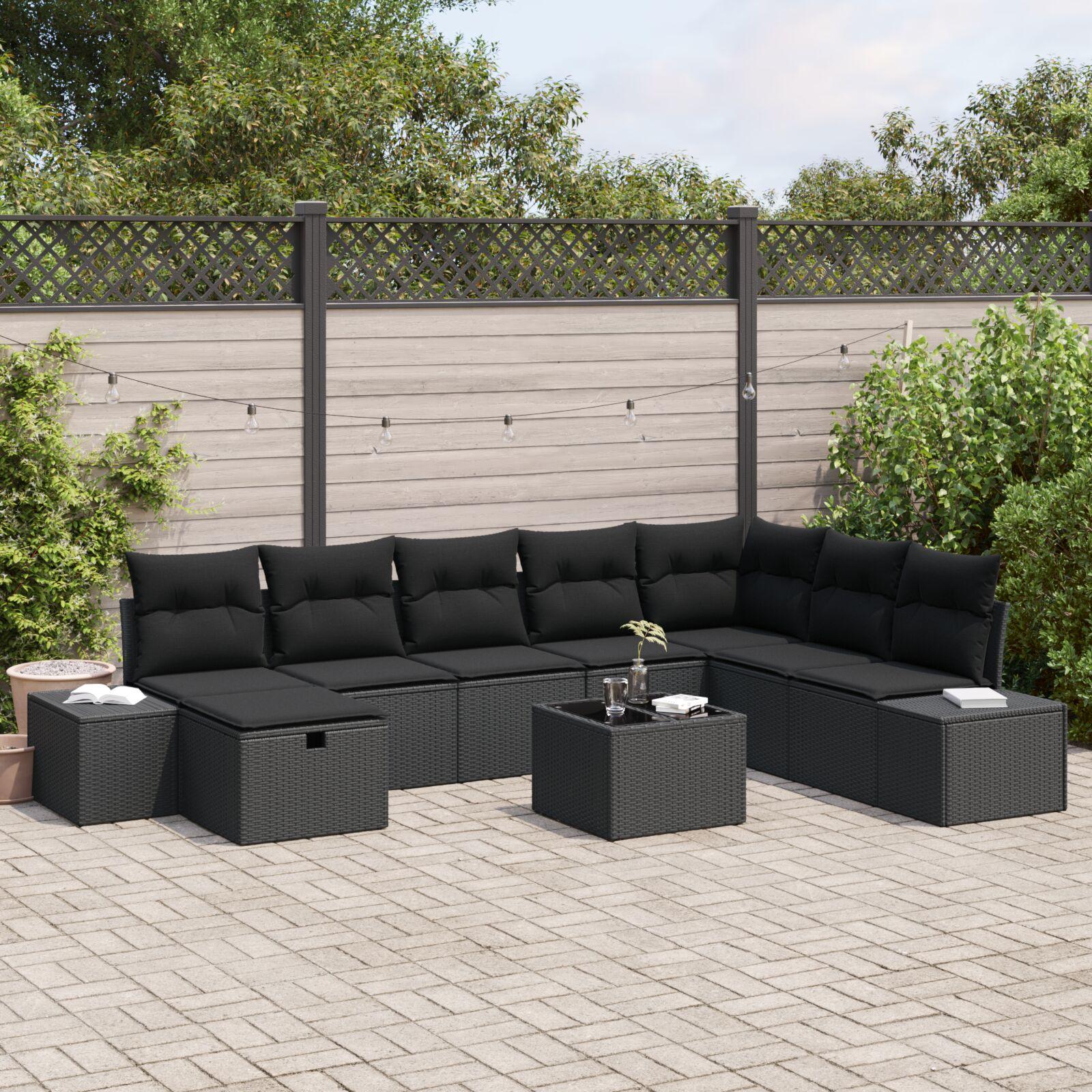 Havesofa Sæt med pude 9 stk Sort Poly rattan
