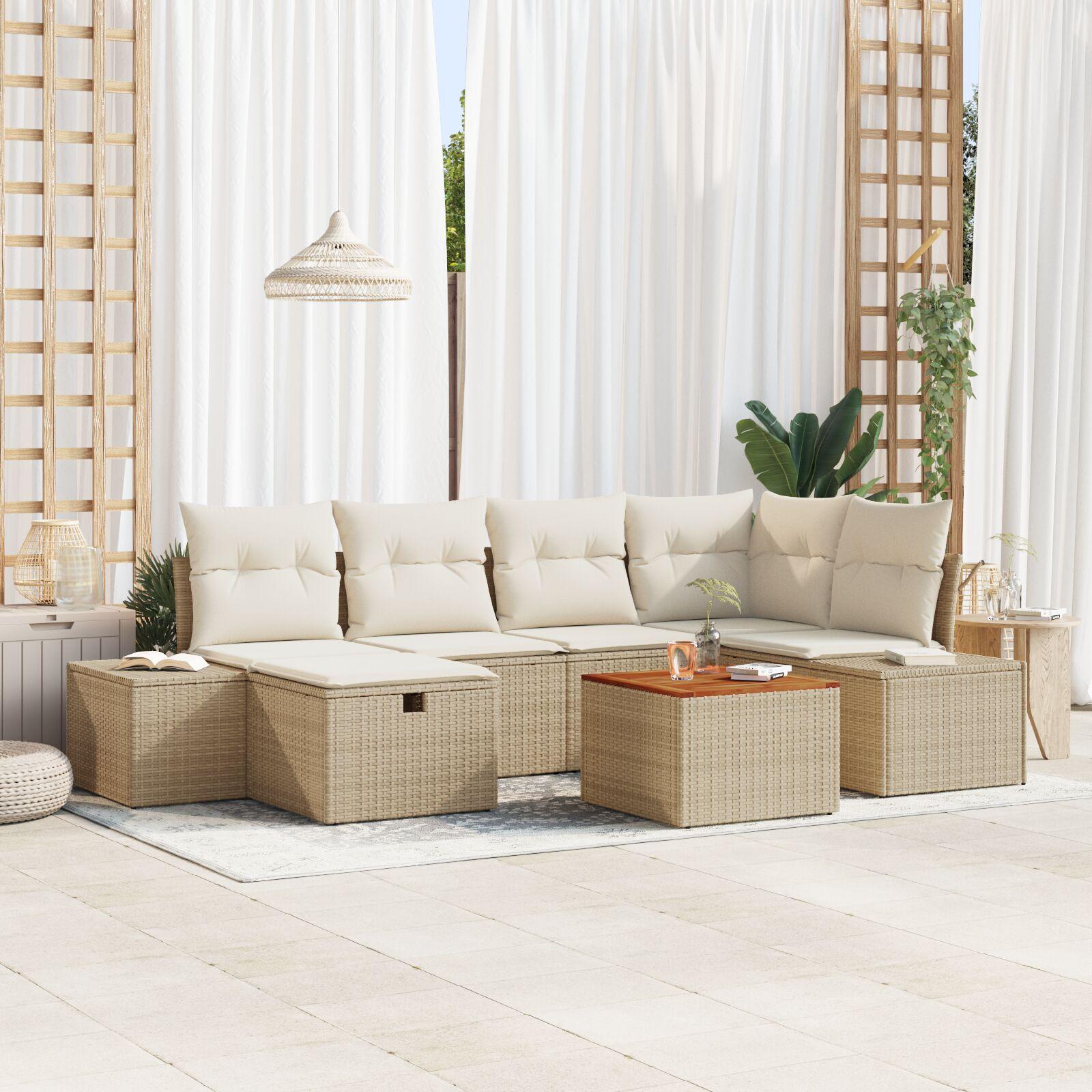 Havesofa sæt med puder og opbevaring, 7 dele - beige poly rattan og akacietræ