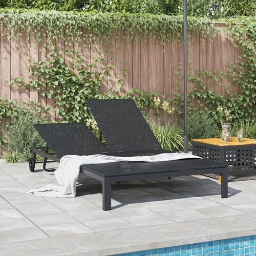 Solseng med puder og hjul til 2 personer Sort Poly Rattan