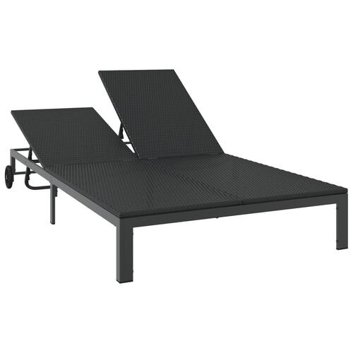 Solseng med puder og hjul til 2 personer Sort Poly Rattan