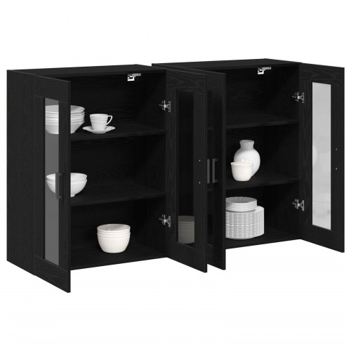 Væghængt Skab Sæt af 2 Sort Eg Konstrueret Træ, Glas