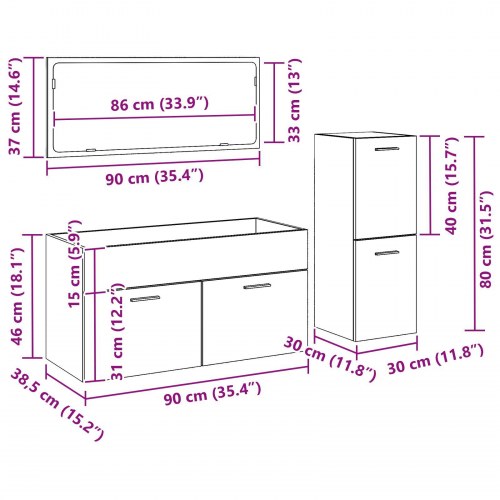 Badeværelsesmøbel sæt Sæt af 3 Sort eg Spånplade, glas