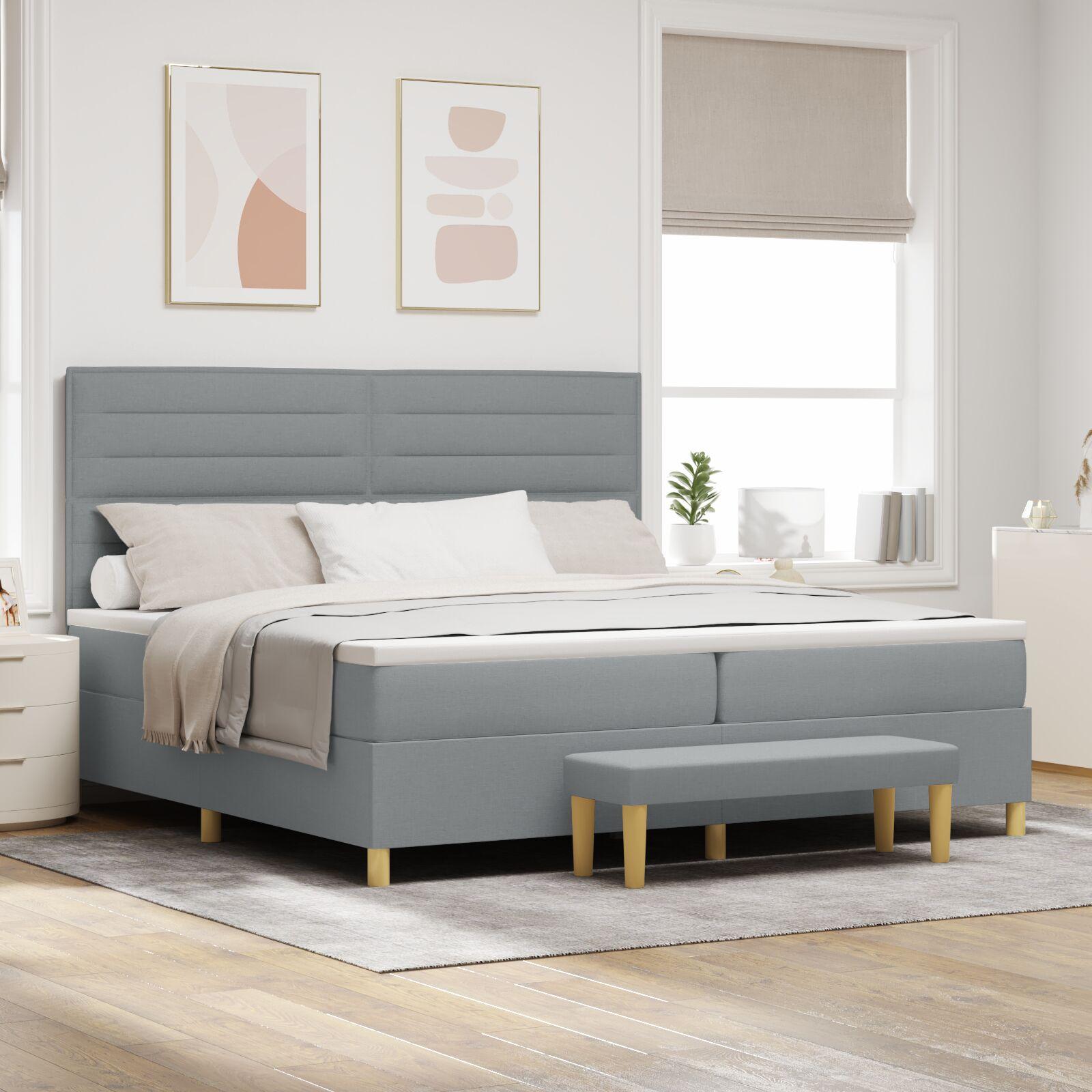 Boxspring Seng Med Madras & Bænk Lys Grå 200x200 Cm Stof