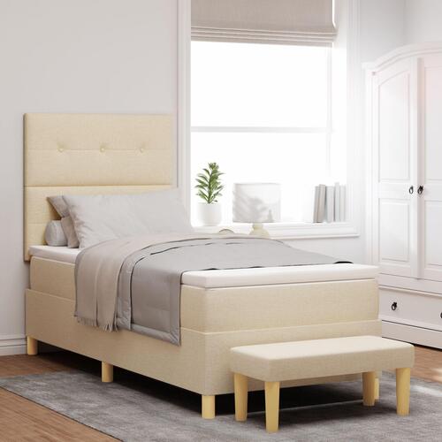 Box Spring Seng medMadras & Bænk Cremefarvet 90x200 cm Stof