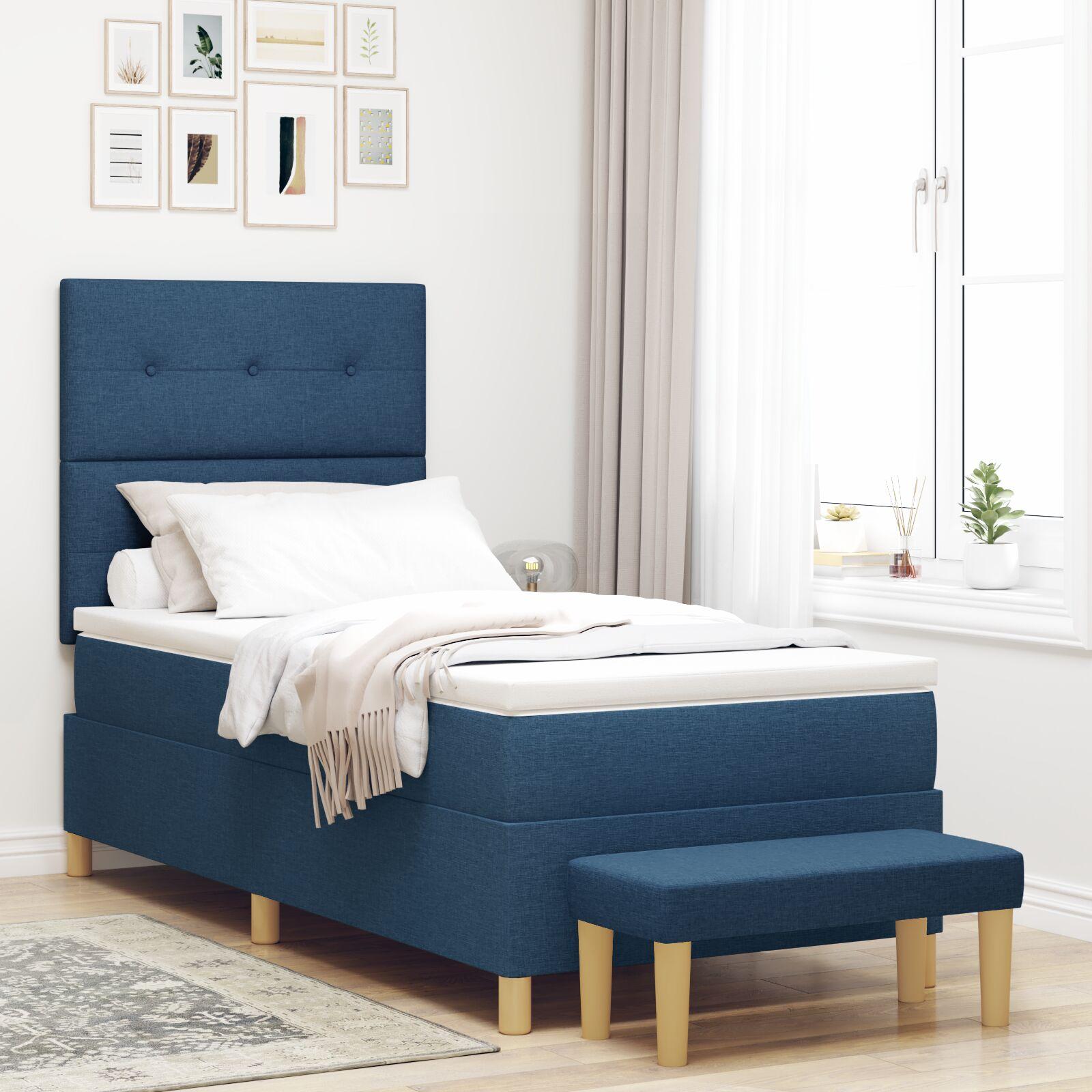 Boxspring-Seng med Madras og Bænk Blå 100x200 cm Stof