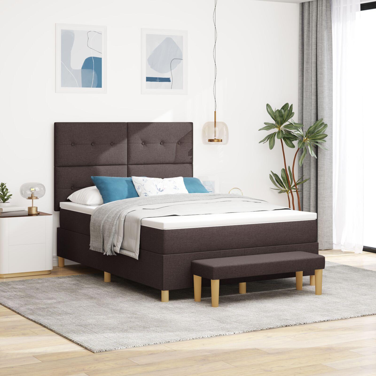 Boxspring Seng Med Madras & Bænk Mørkebrun 140x190 Cm Stof