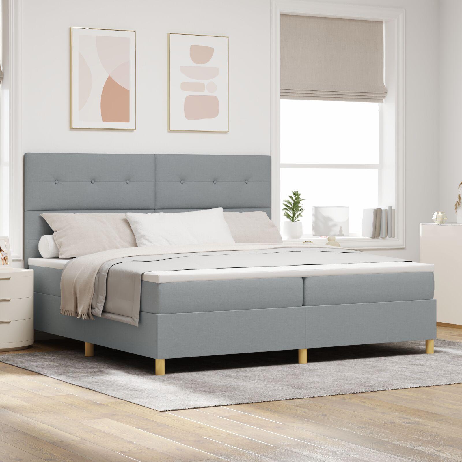 LED boxspring seng med hovedgrde 200 x 200 cm lysegr stof
