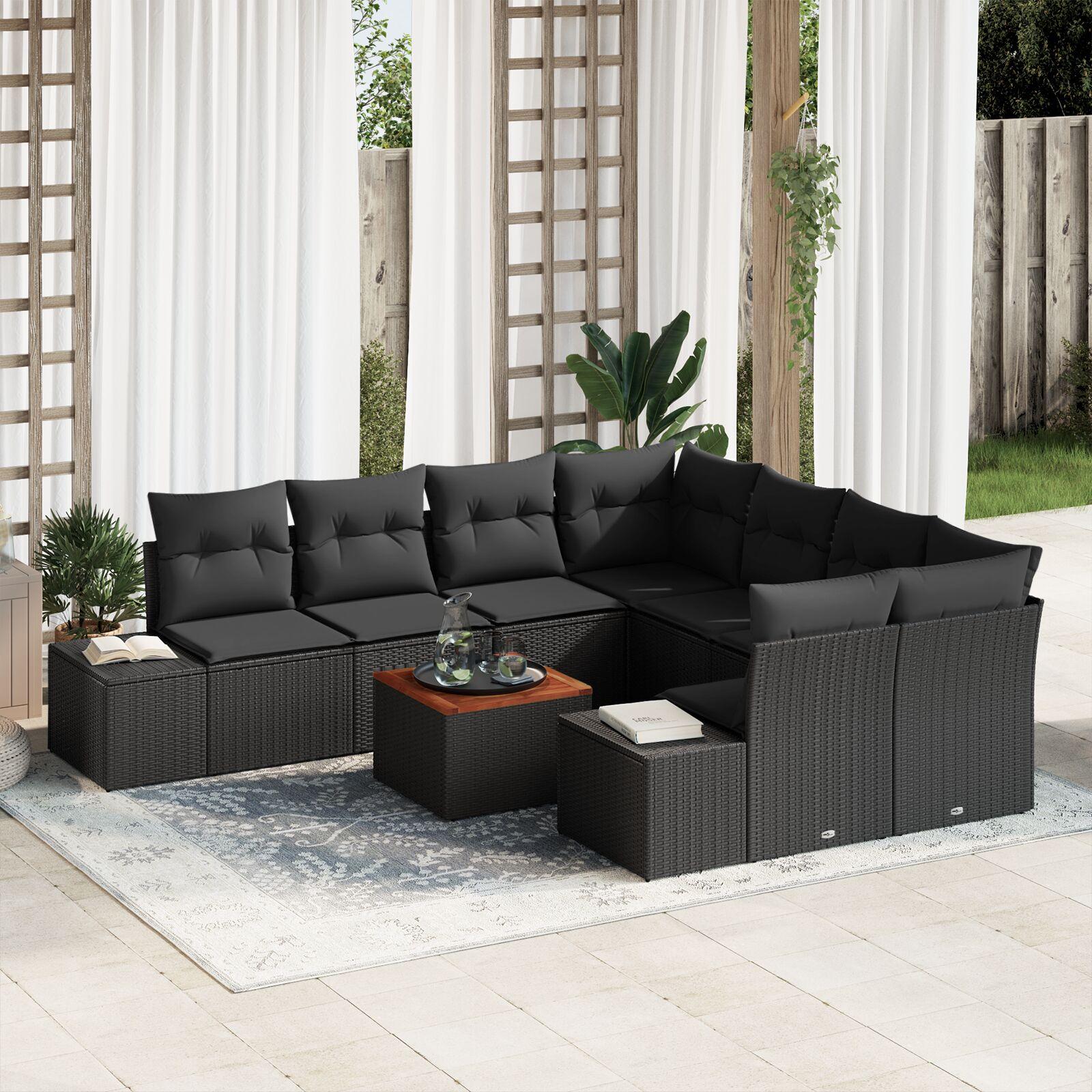 Havesofa Sæt Med Pude 9 Dele Sort Poly Rattan