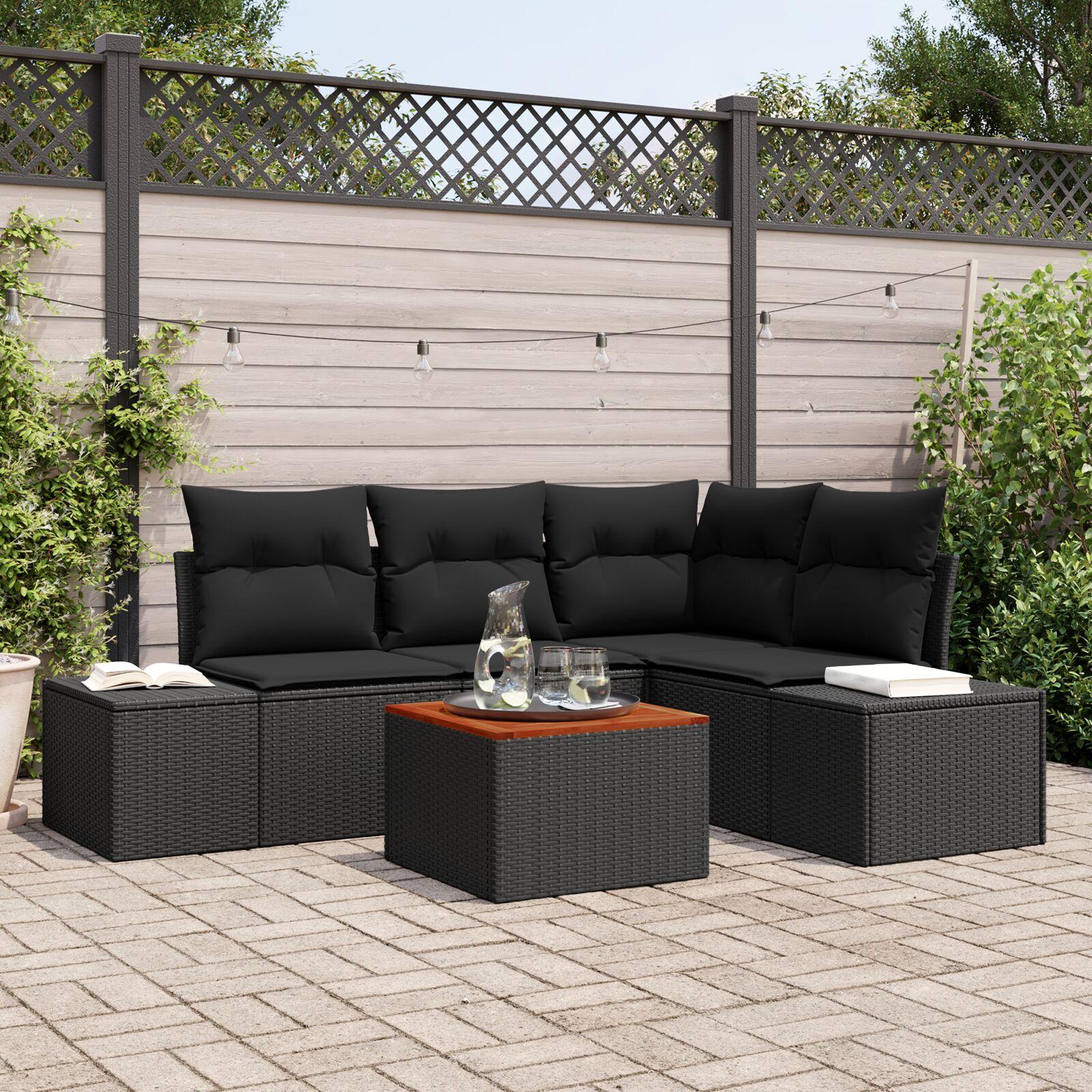 Havesofa Sæt Med Pude 5 Dele Sort Poly Rattan