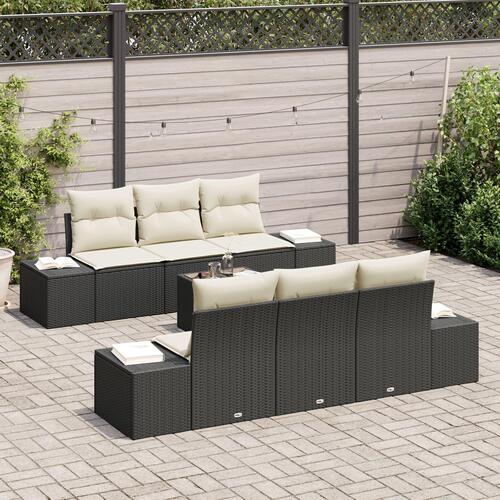 Have Sofa Sæt 7 Stk Sort og Hvid Rattan, Polyester