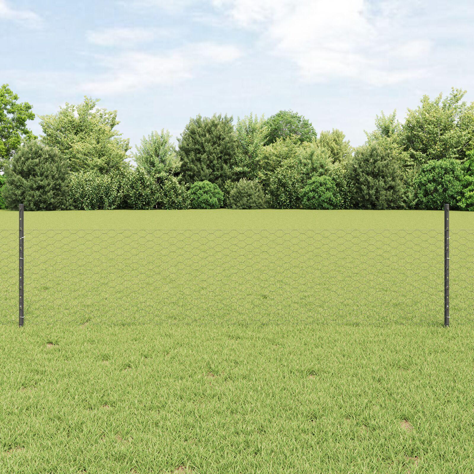 vidaXL Sekskantet hegn med stolpe 25 x 0,5 m PVC-belagt stål Grå Mesh