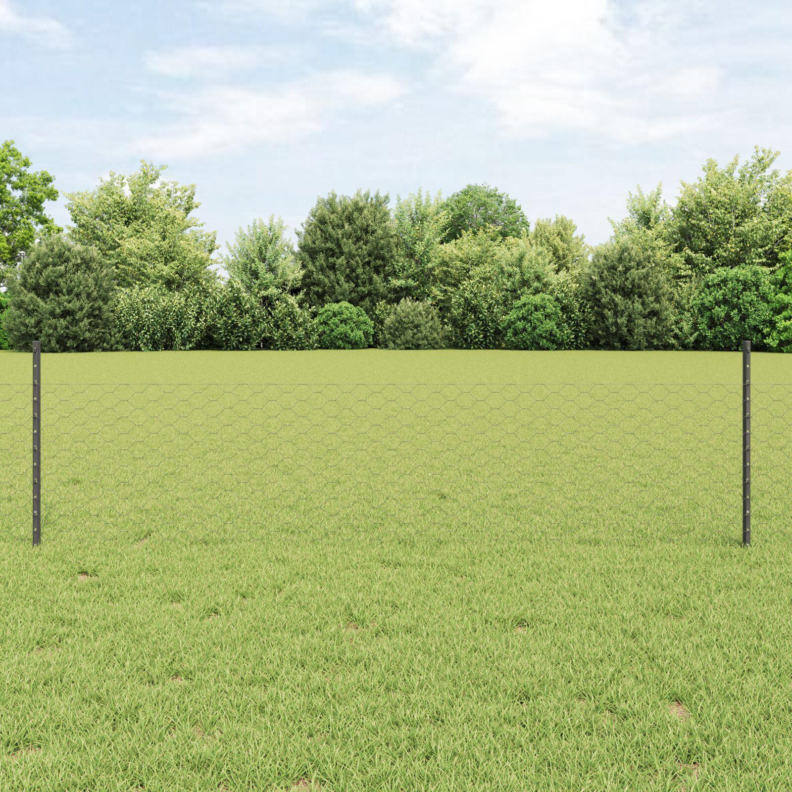 vidaXL Sekskantet hegn med stolpe 25 x 0,5 m PVC-belagt stål Grå Mesh