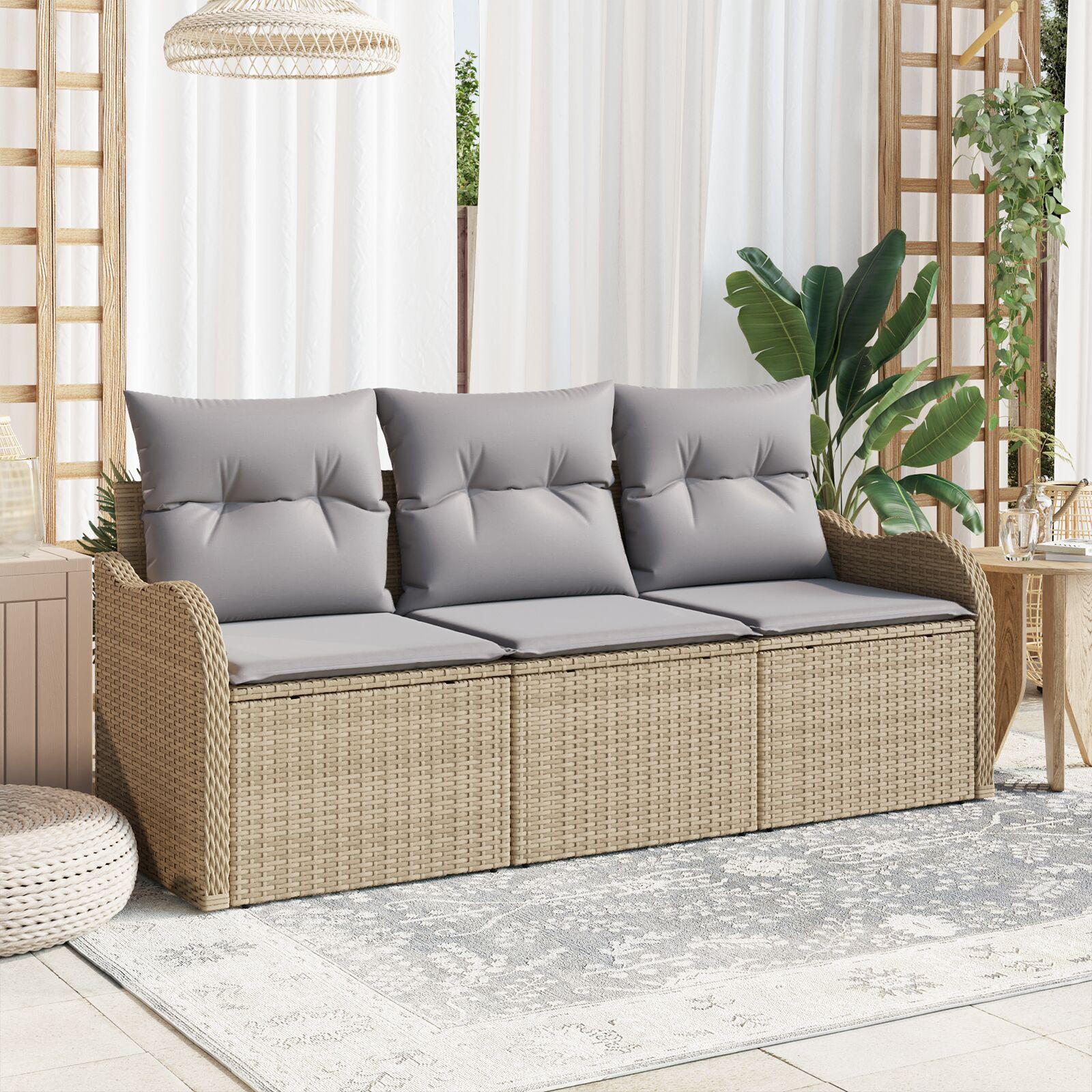 Havesofa Sæt med pude 3 stk Beige Poly rattan