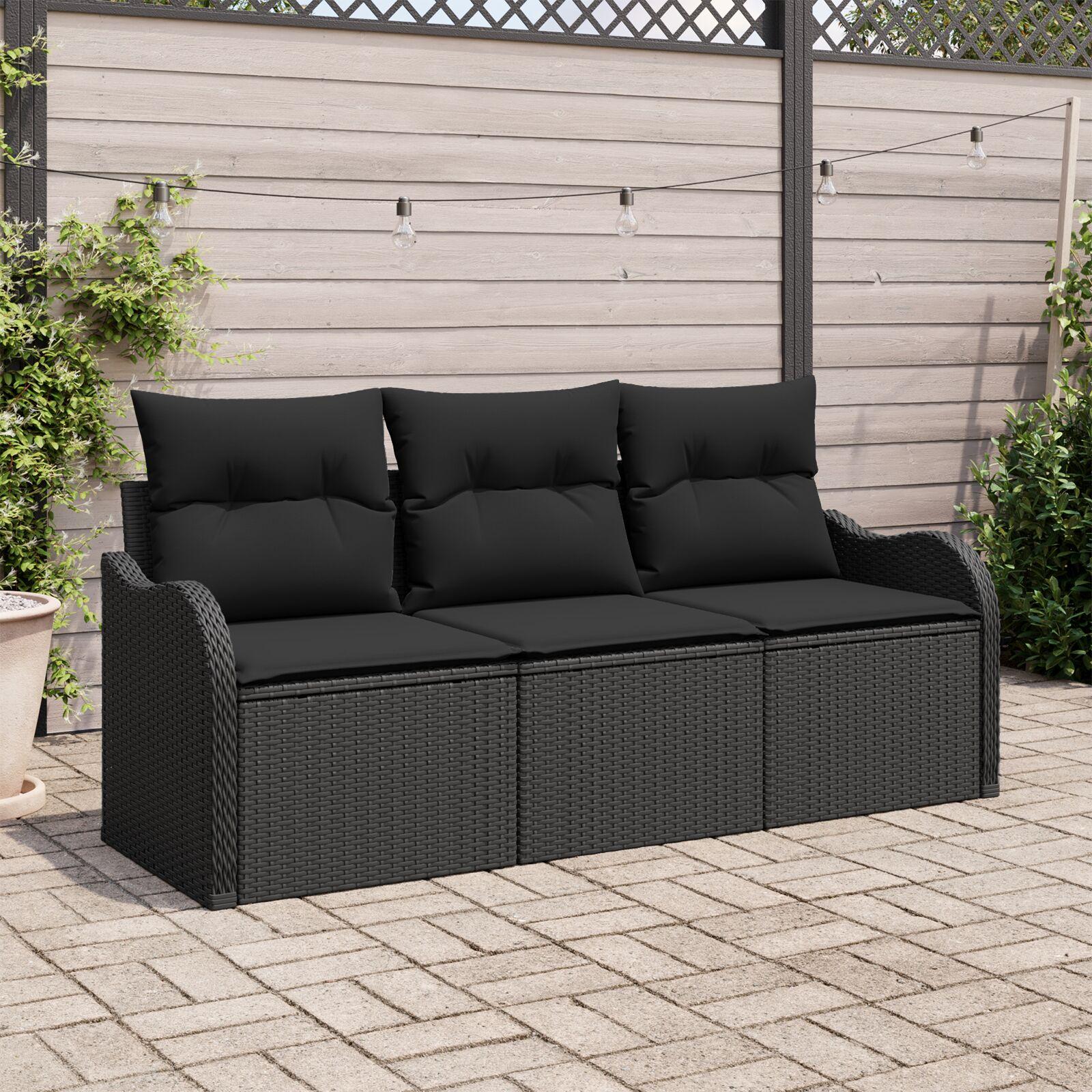 Havesofa Sæt med pude 3 stk Sort Poly rattan