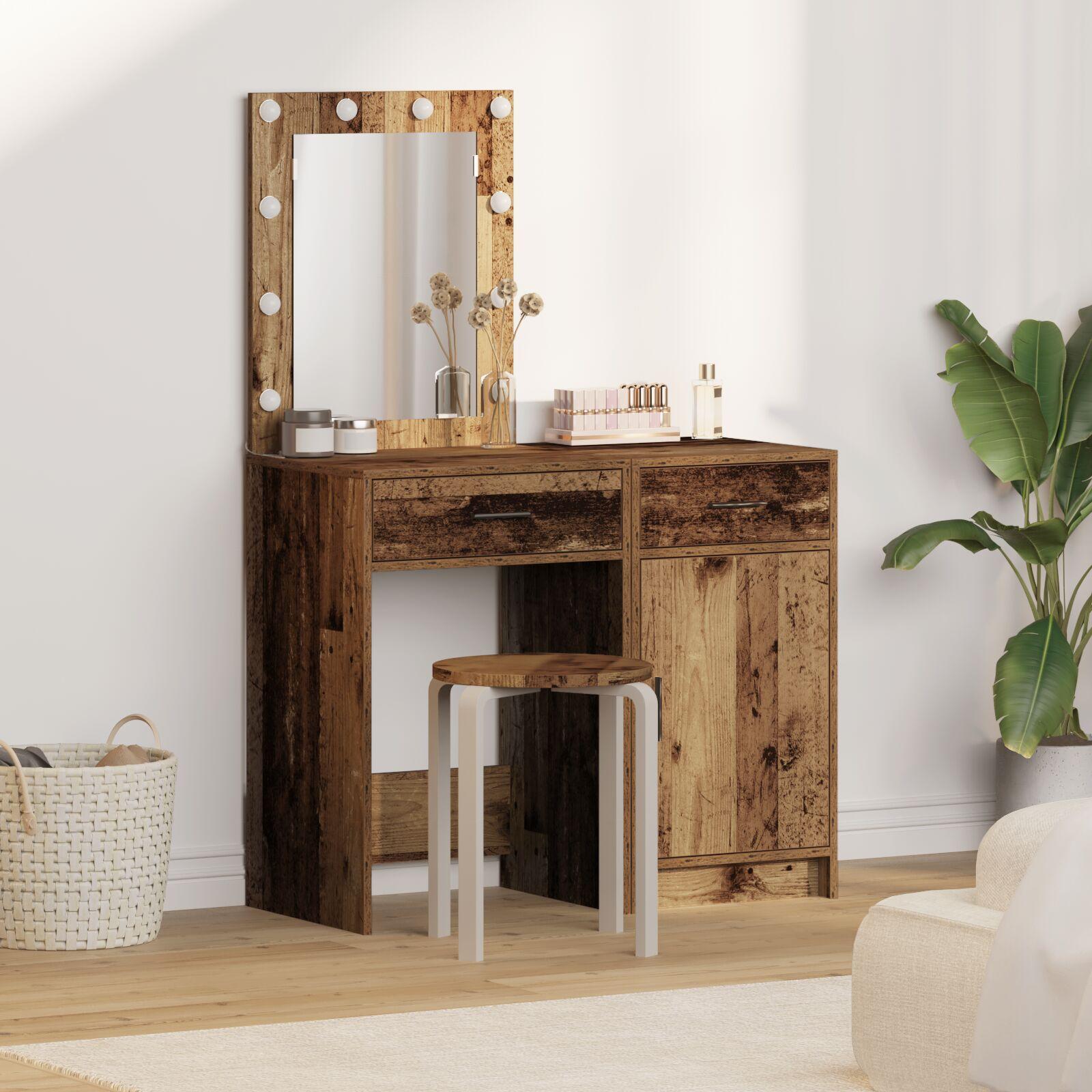 2-Piece Makeupbord Sæt med LED i Slidt Træ Finish