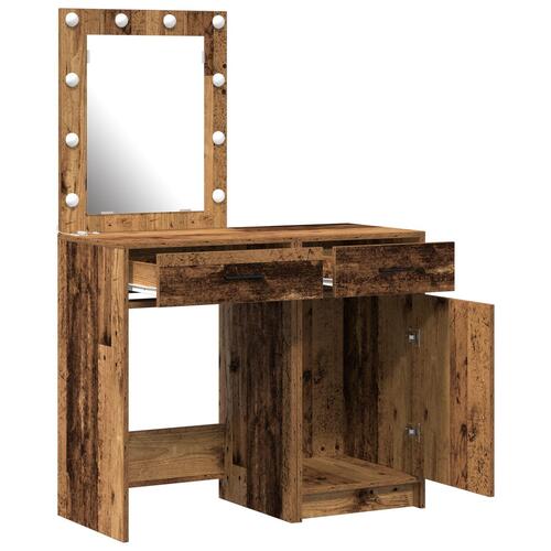 2-Piece Makeupbord Sæt med LED i Slidt Træ Finish