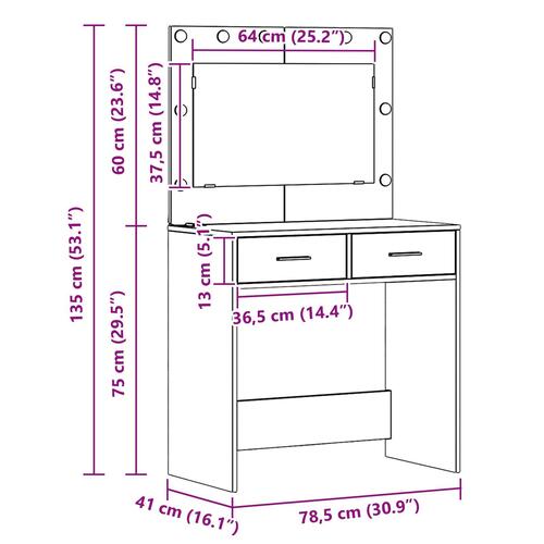 Makeupbord med LED-lys Sonoma egetræ 78.5x41x135 cm