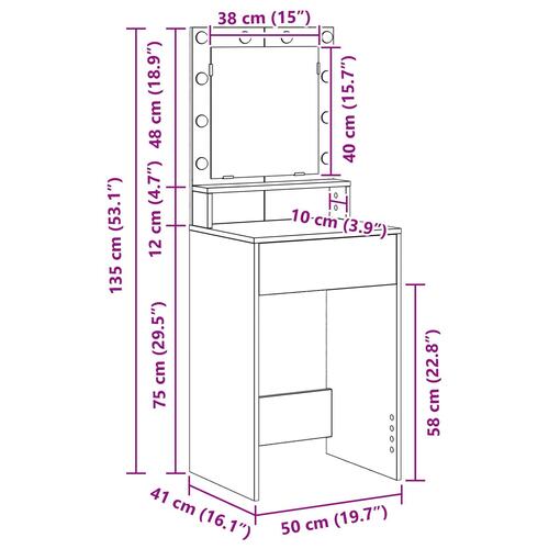 Makeup Bord med LED Lys - Gammel træ, 50x41x135 cm