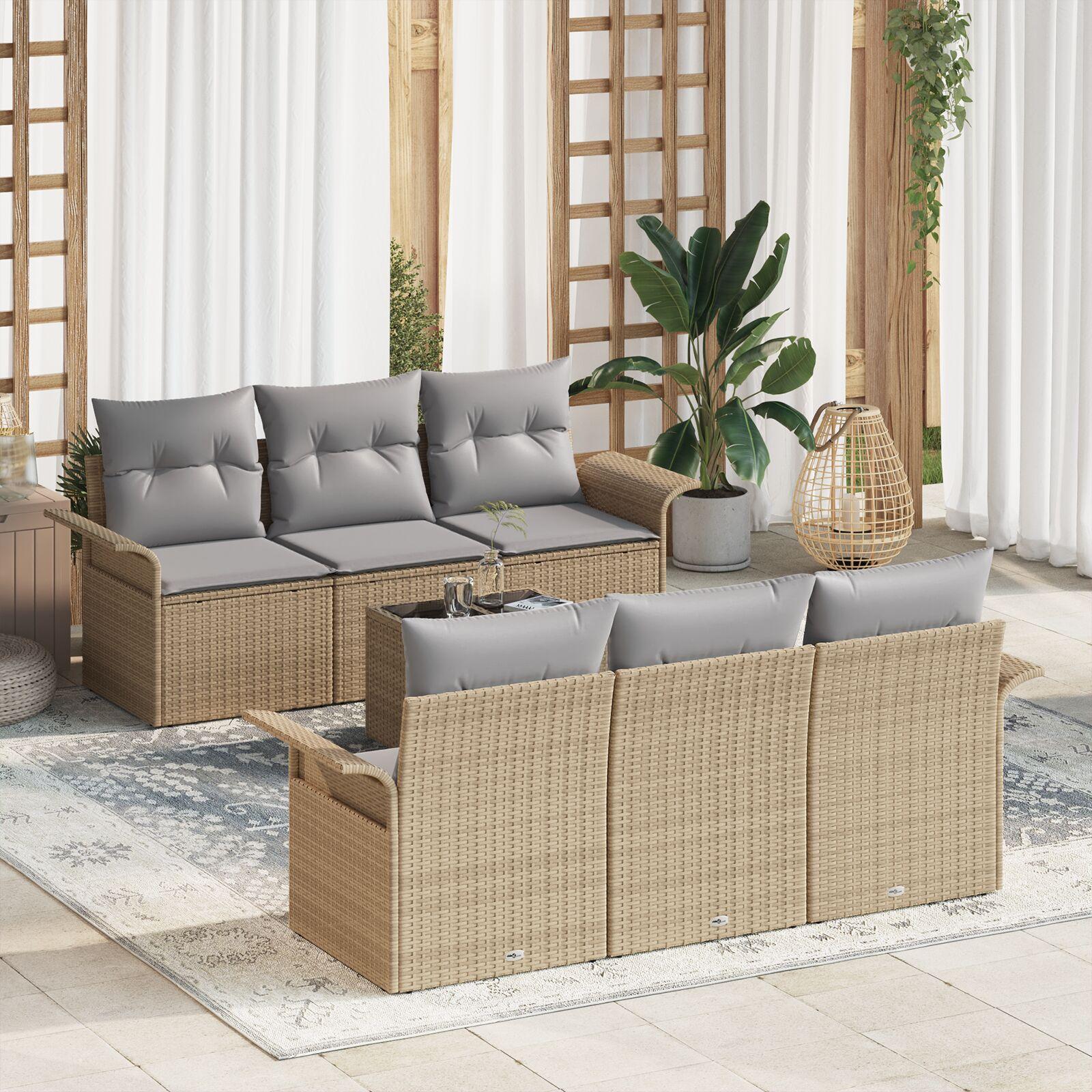 Havesofa sæt med puder - 7 dele i beige polyrattan, modulært