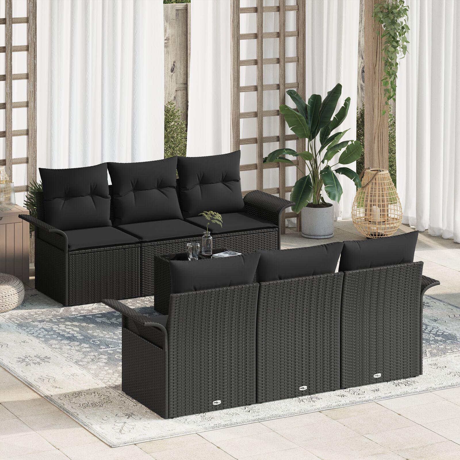 Havesofa sæt med puder 7 stk i sort polyrattan