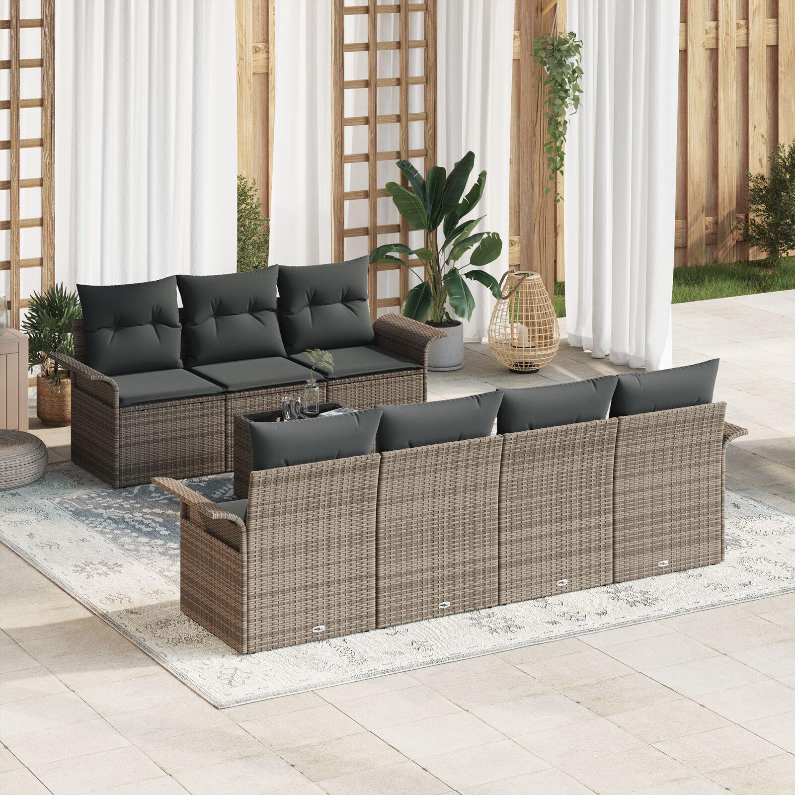 Havesofa-sæt i grå polyrattan - 8 dele med puder og justerbart bord