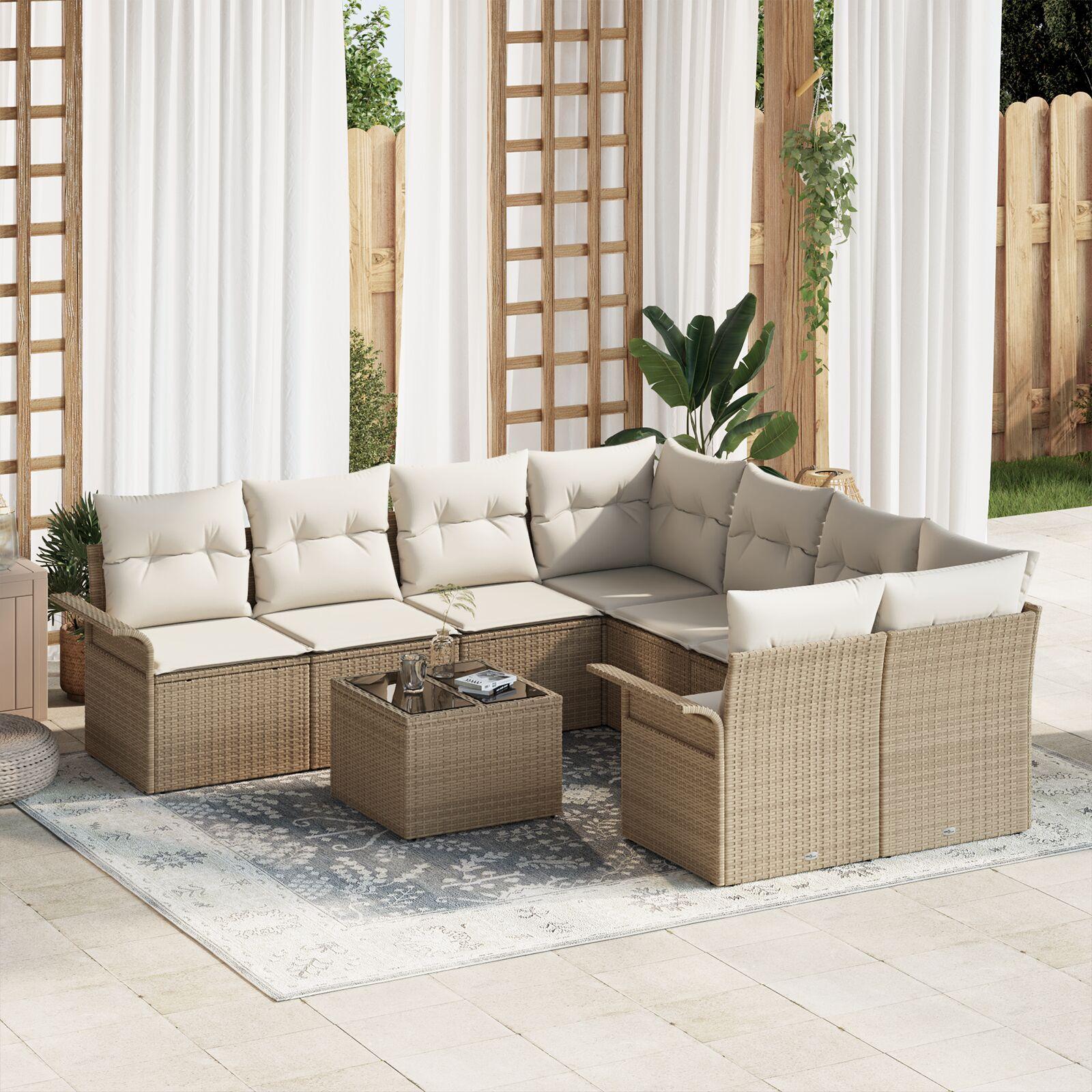 Havesofa Sæt 9 Dele Poly Rattan - beige og cremefarvet