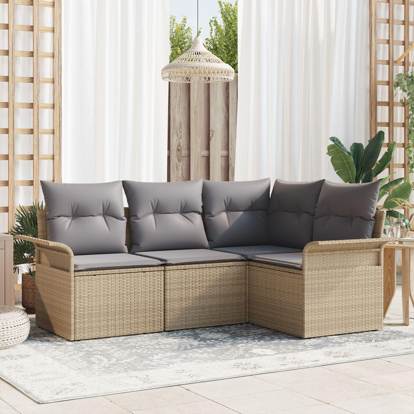 Havesofa Sæt med pude 4 stk Beige Poly rattan