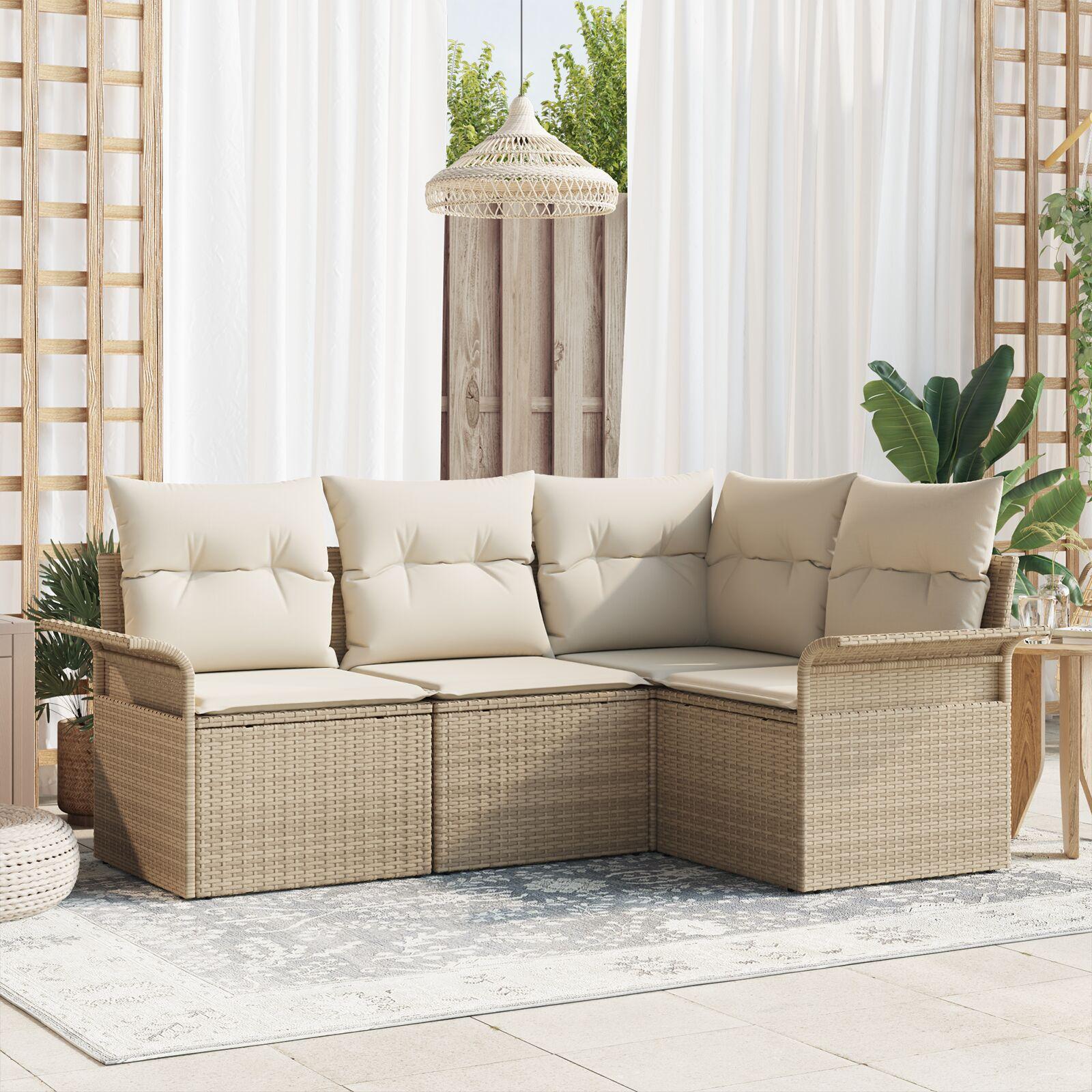 Havesofa sæt med puder 4 dele i beige polyrattan