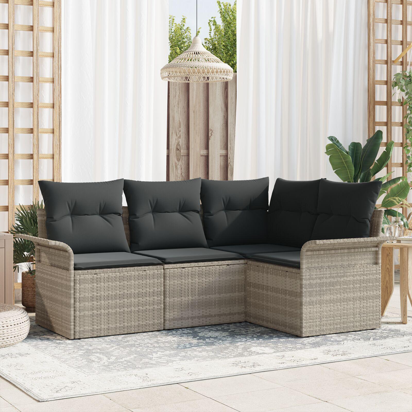 Havesofa Sæt med pude 4 stk Lysegrå Poly rattan