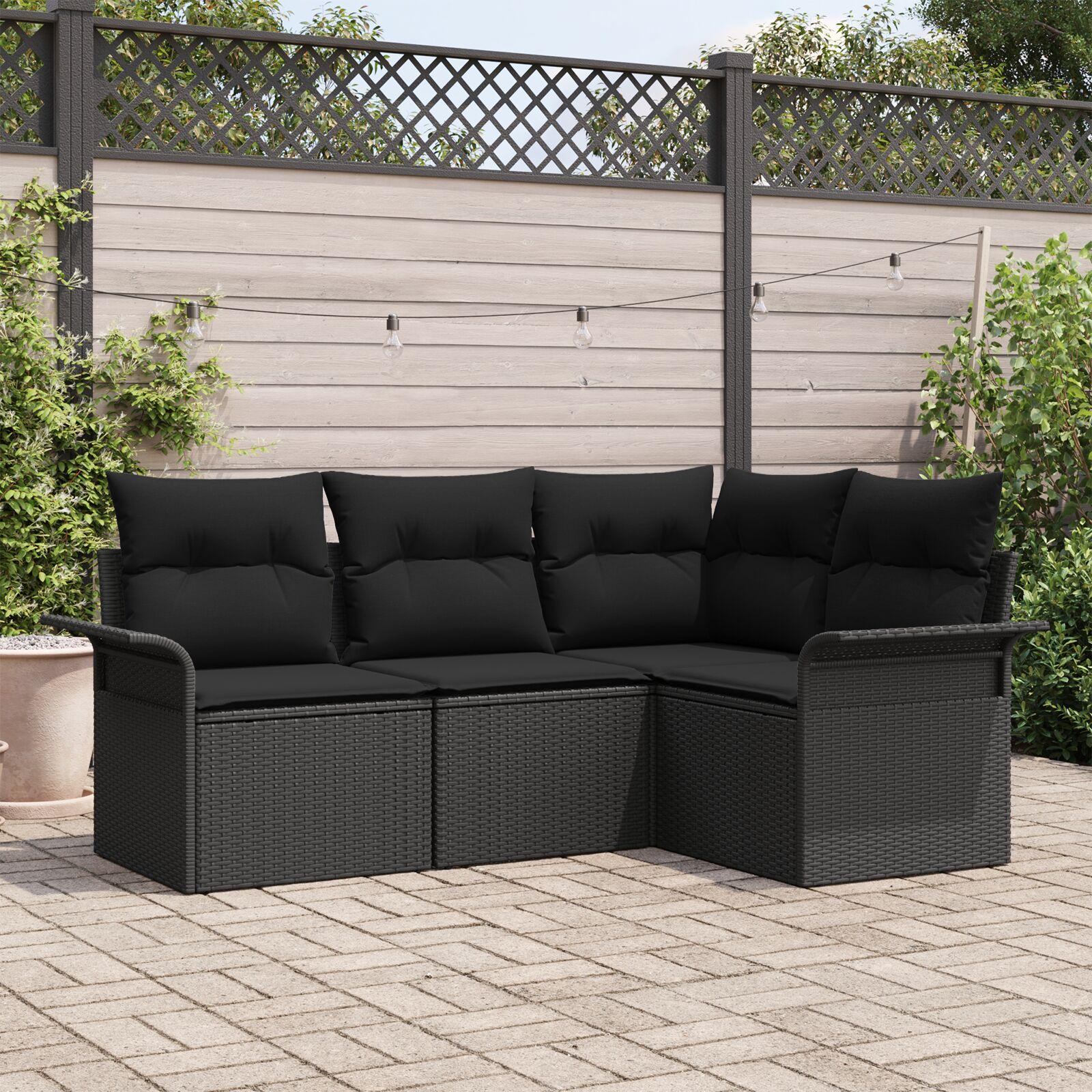 Havesofa Sæt med pude 4 stk Sort Poly rattan