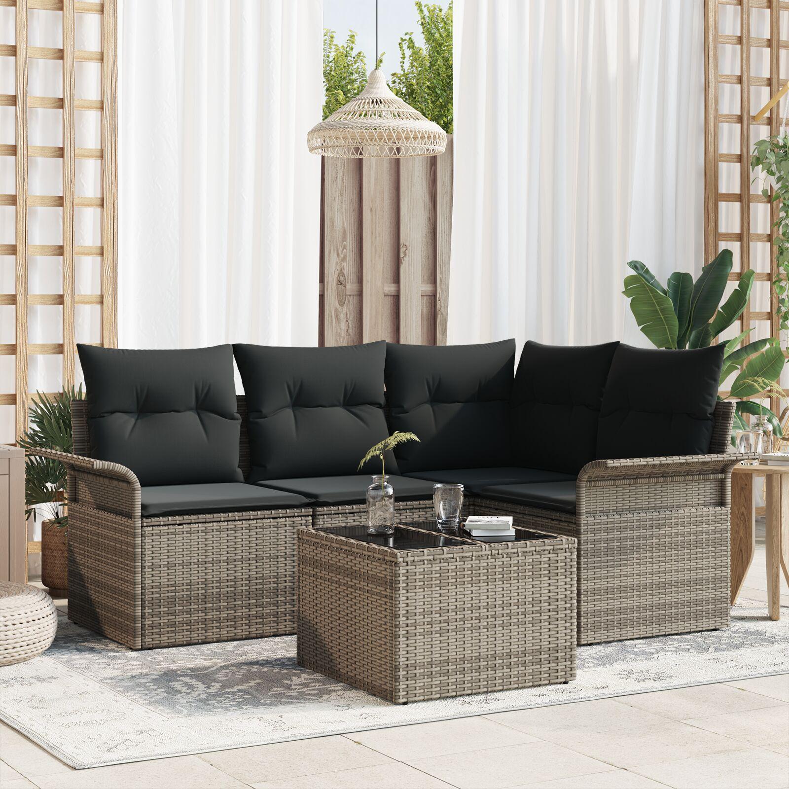 Havesofa Sæt med pude 5 stk Grå Poly rattan